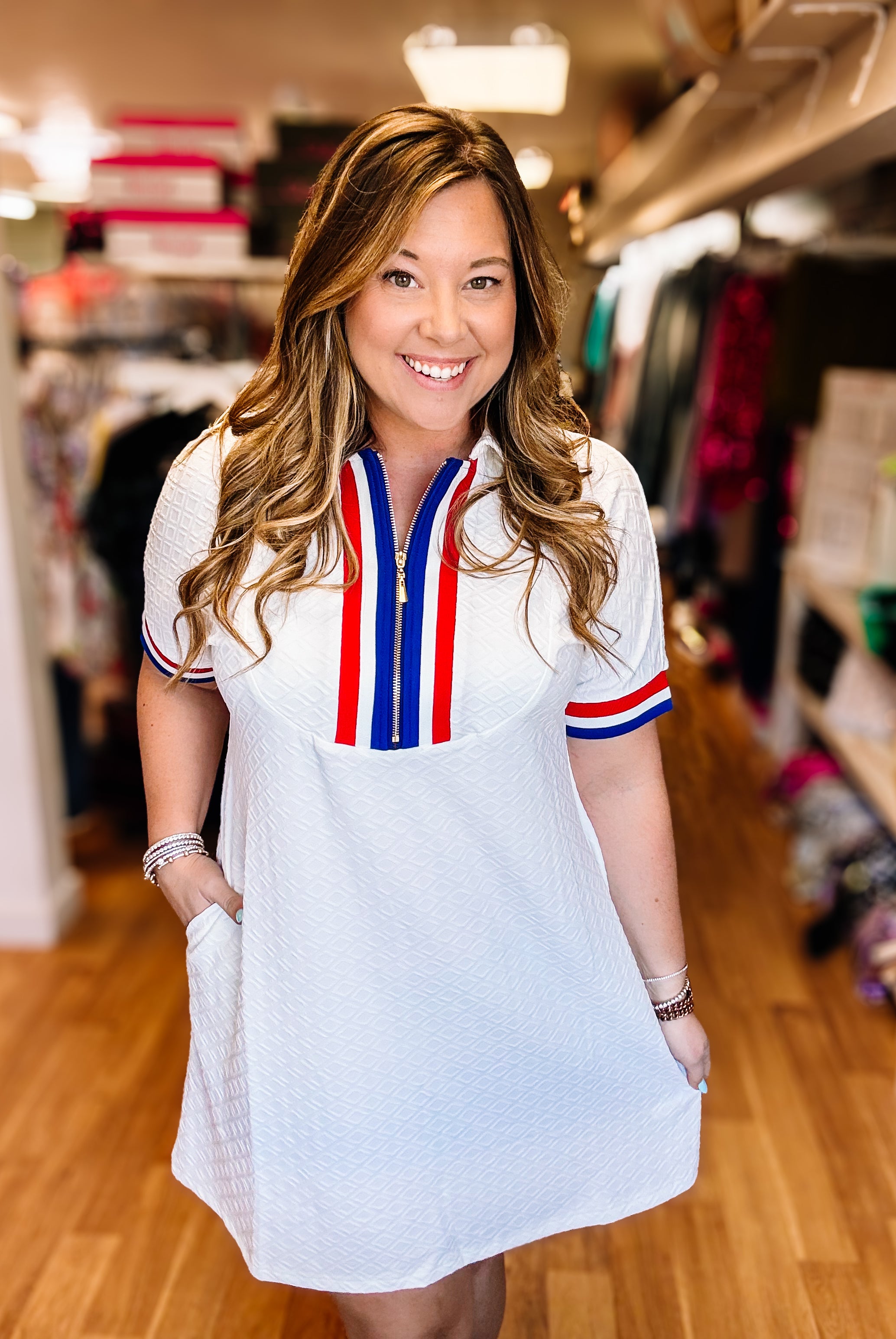 Ezra Textured Zipper Dress- Americana-Dress-Dear Me Southern Boutique, located in DeRidder, Louisiana