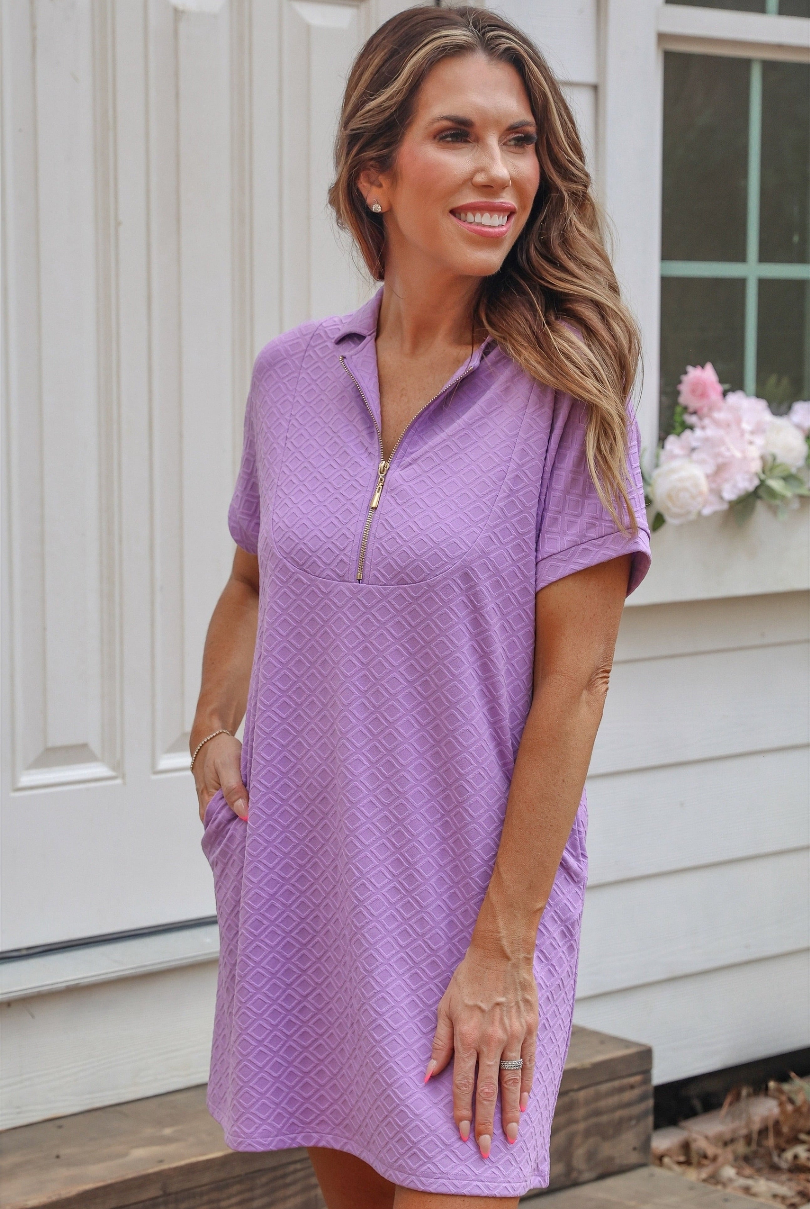 Ezra Textured Zipper Dress- Lavender-Dear Me Southern Boutique, located in DeRidder, Louisiana