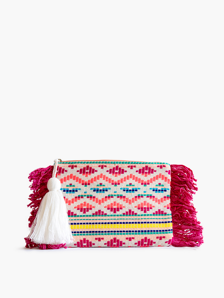 Faith Printed Cotton Pouch with Fringe- Hot Pink-Dear Me Southern Boutique, located in DeRidder, Louisiana