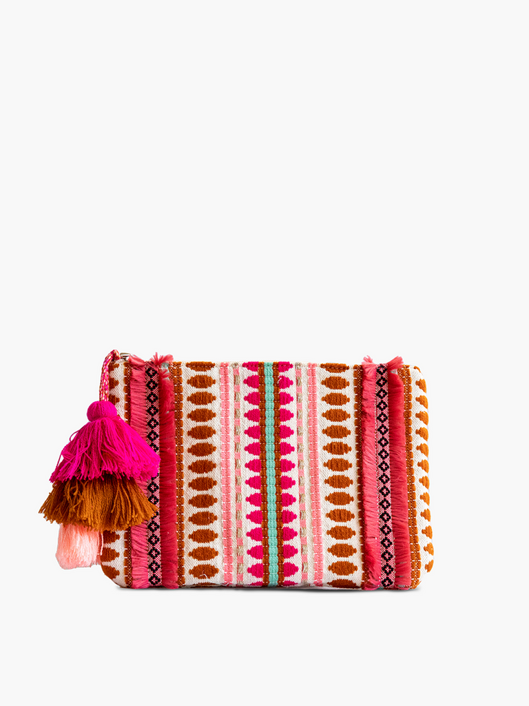 Faith Printed Cotton Pouch with Fringe- Pink/Brown-Dear Me Southern Boutique, located in DeRidder, Louisiana