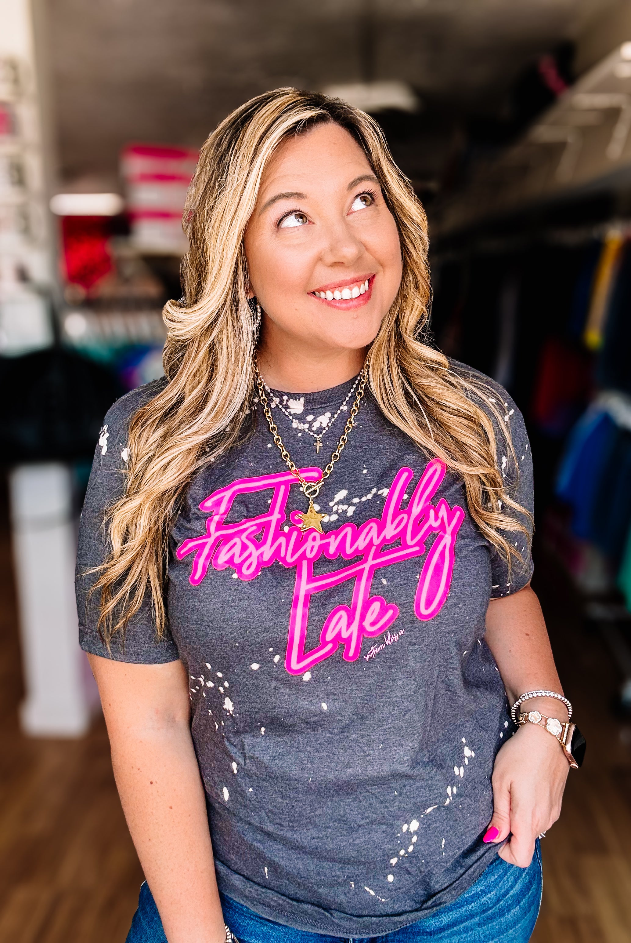 Fashionably Late Bleached Tee-Dear Me Southern Boutique, located in DeRidder, Louisiana