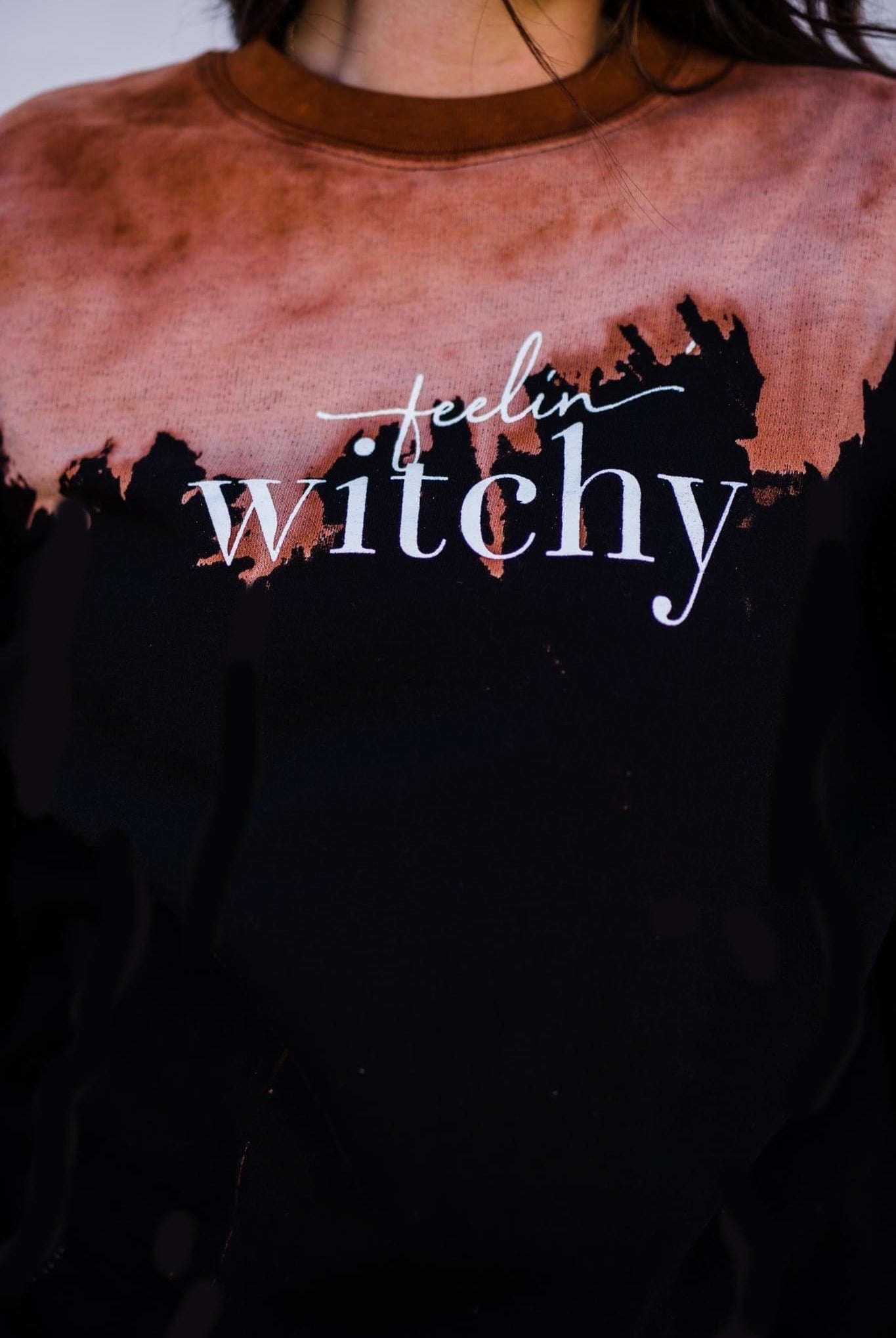 Feelin Witchy Bleached Sweatshirt-Dear Me Southern Boutique, located in DeRidder, Louisiana