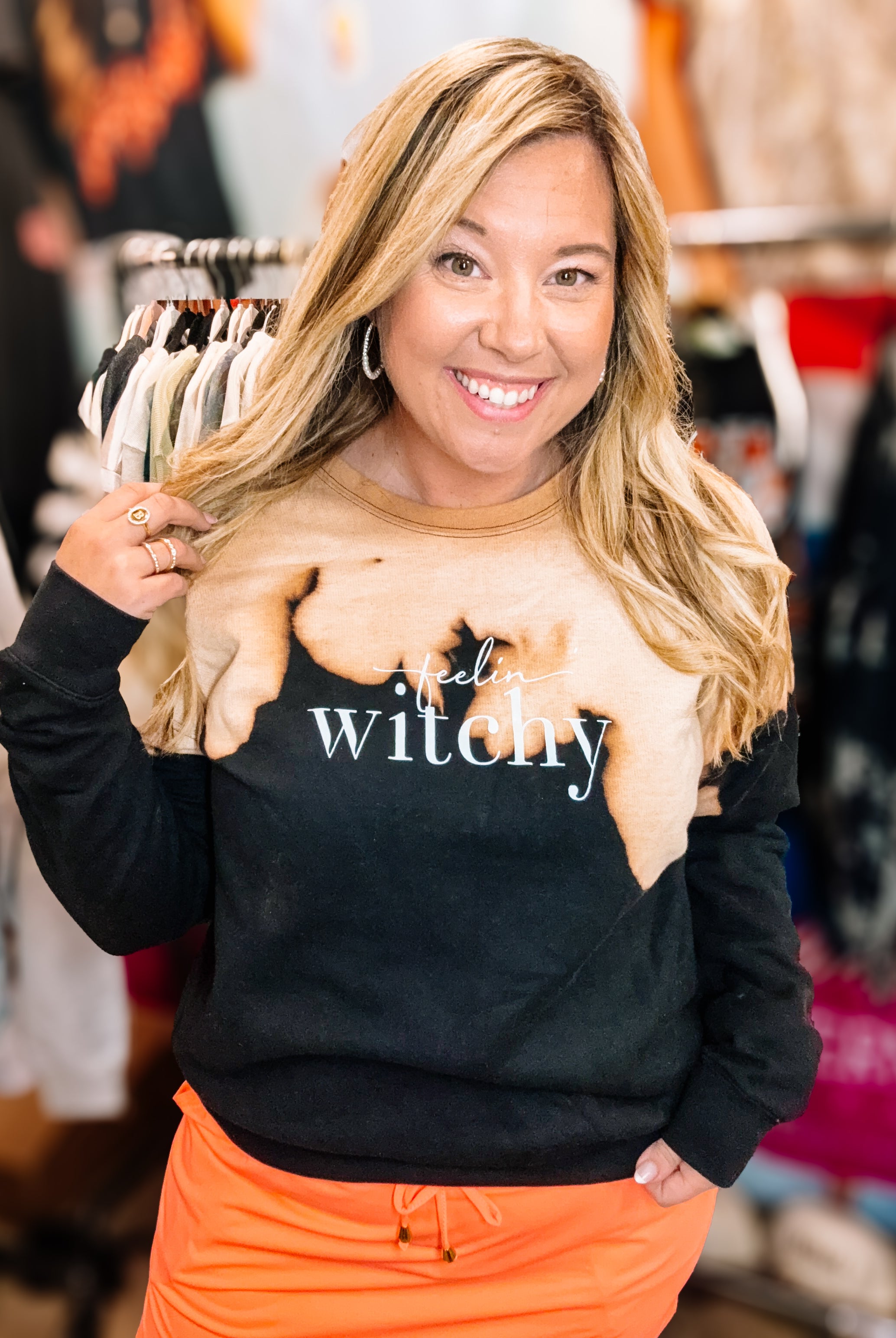 Feelin Witchy Bleached Sweatshirt-Dear Me Southern Boutique, located in DeRidder, Louisiana