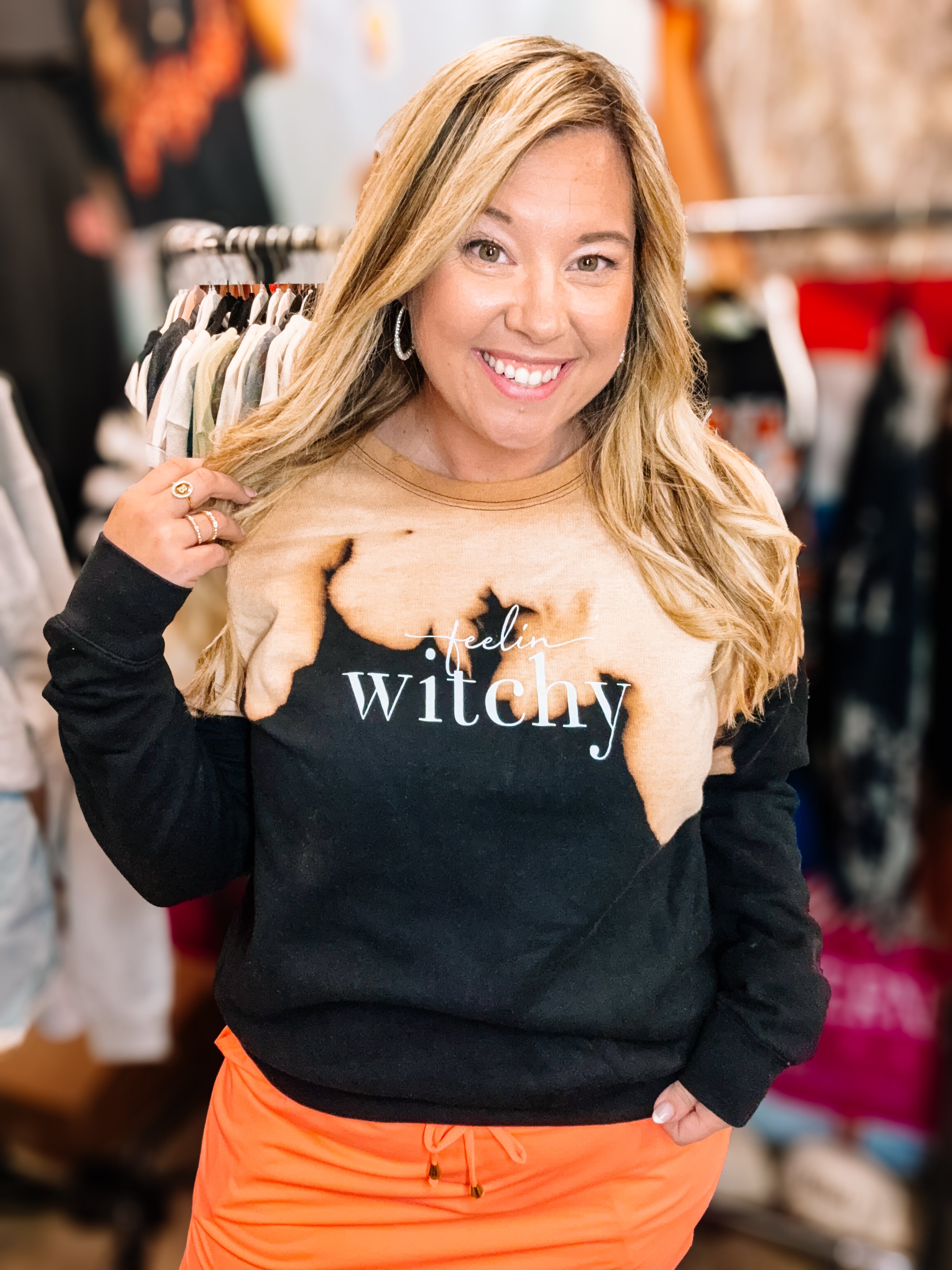 Feelin Witchy Bleached Sweatshirt-Dear Me Southern Boutique, located in DeRidder, Louisiana