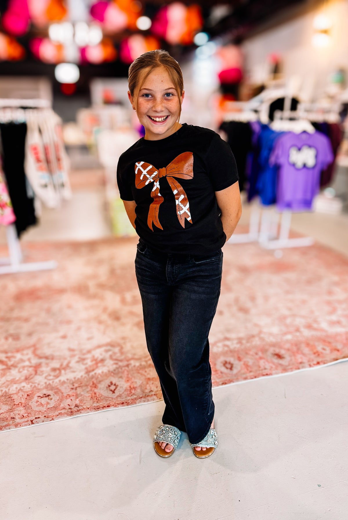 Football Bow Tee -Girls-Kids Clothing-Dear Me Southern Boutique, located in DeRidder, Louisiana