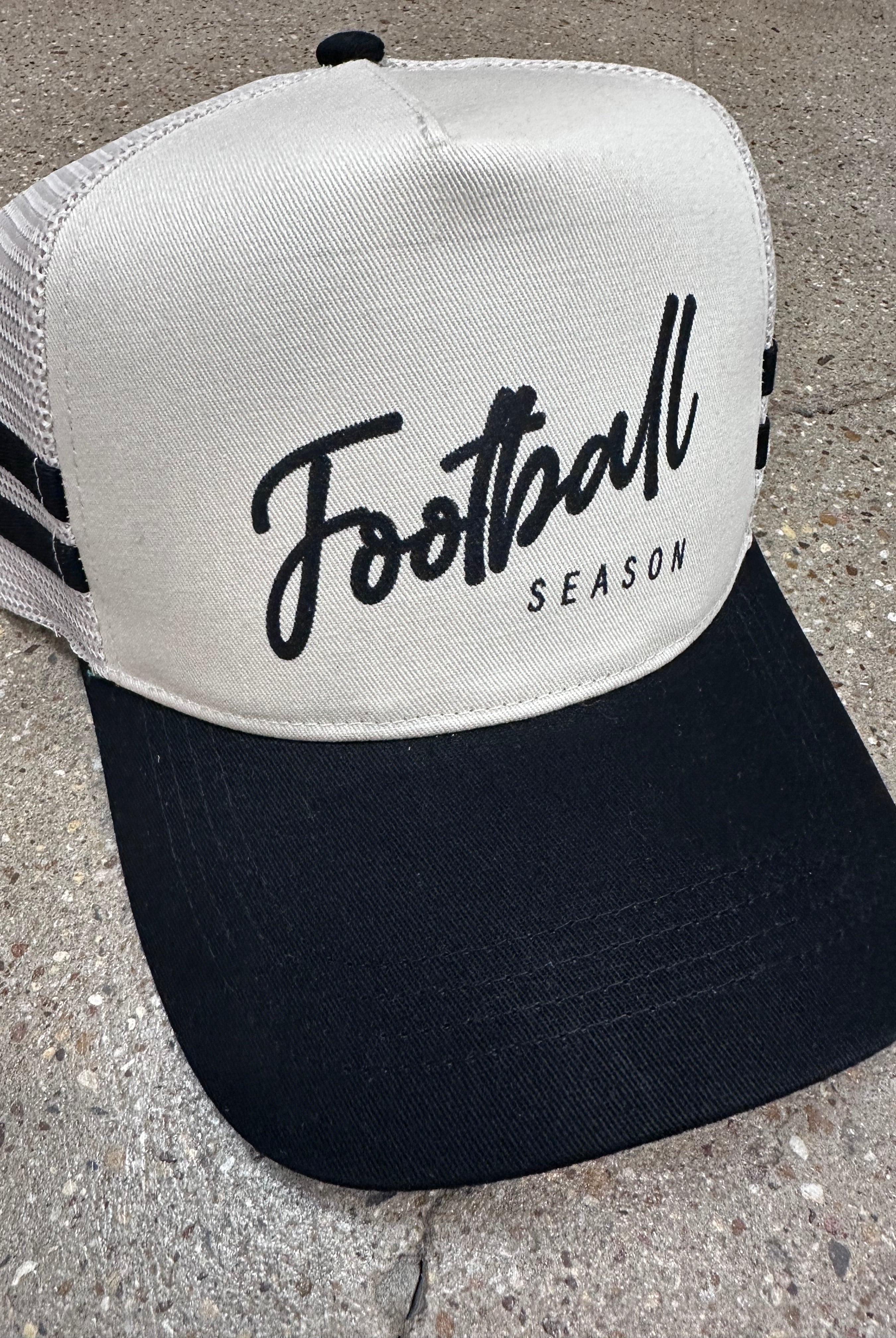 Football Season black striped canvas Trucker Hat-hat-Dear Me Southern Boutique, located in DeRidder, Louisiana
