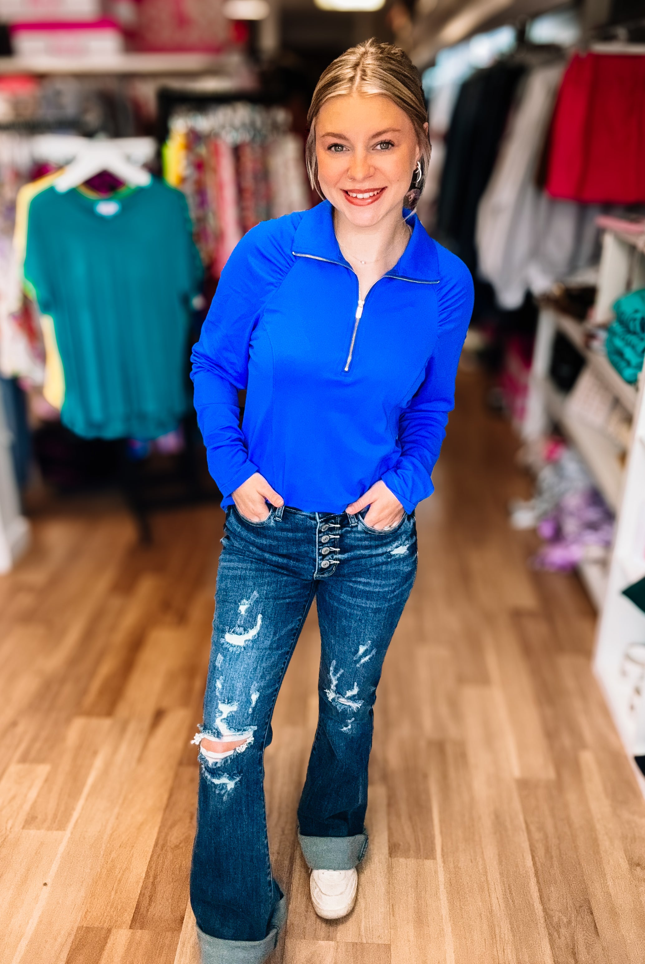 SunCool Lucy Long Sleeve Blouse-Blue-Long Sleeves-Dear Me Southern Boutique, located in DeRidder, Louisiana
