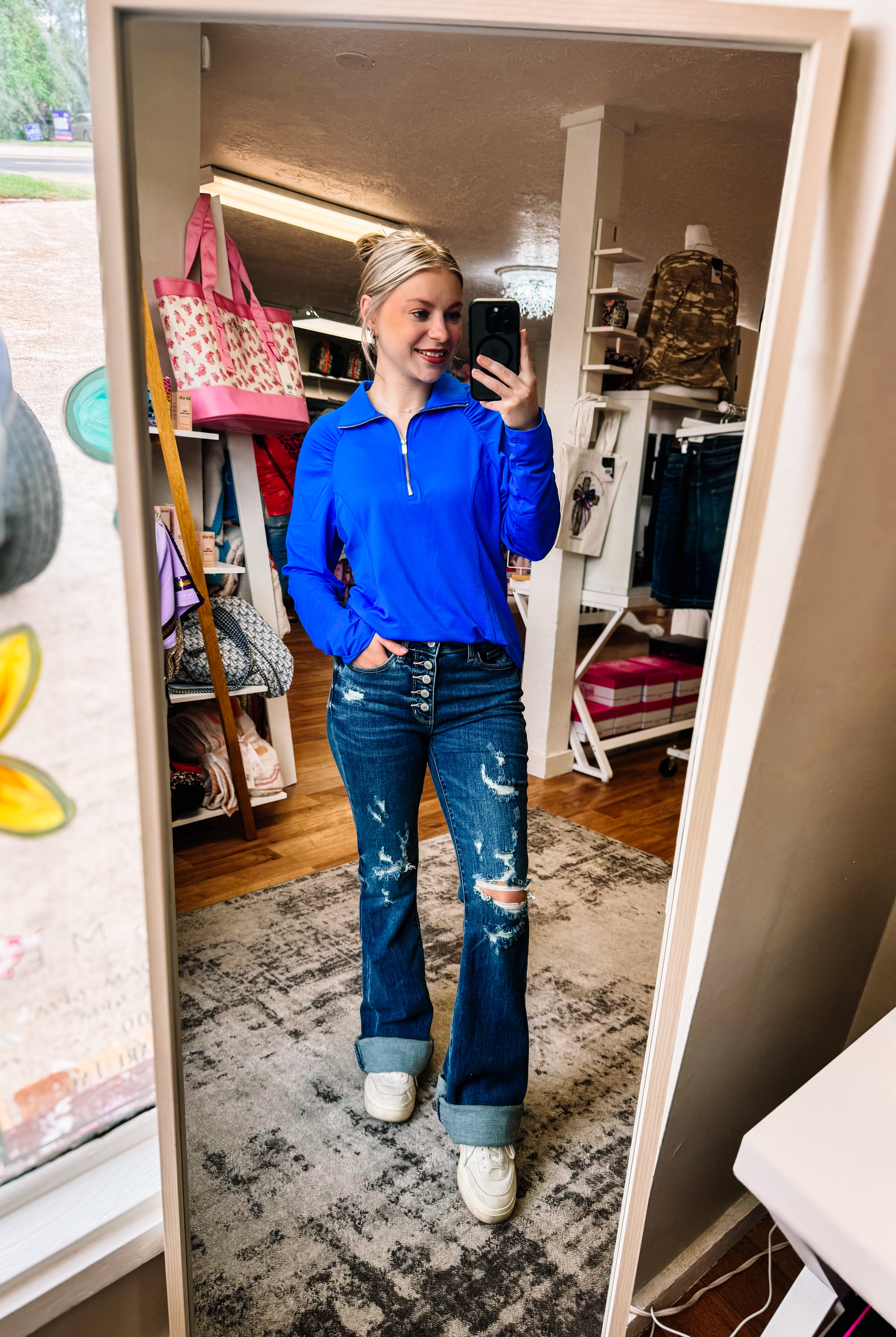 SunCool Lucy Long Sleeve Blouse-Blue-Long Sleeves-Dear Me Southern Boutique, located in DeRidder, Louisiana
