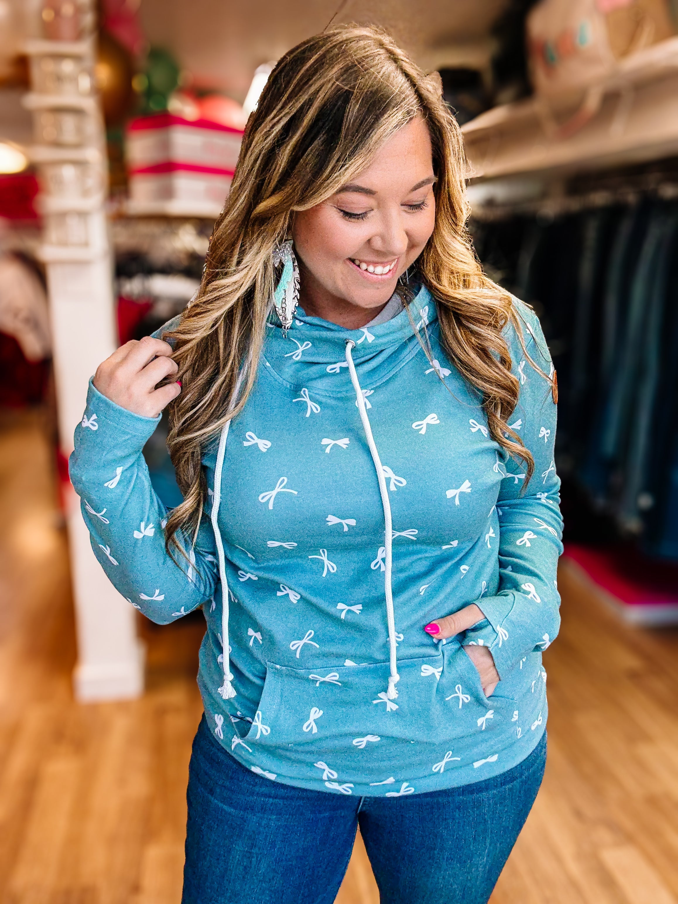 Frosted Bows Hoodie-Sweaters-Dear Me Southern Boutique, located in DeRidder, Louisiana