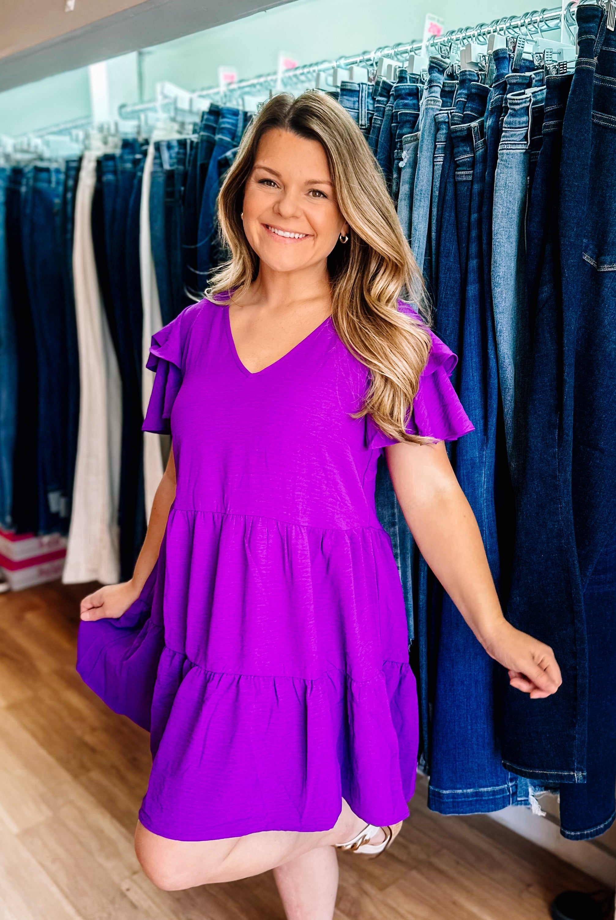 Game Day Flutter Sleeve Dress- Purple-Dear Me Southern Boutique, located in DeRidder, Louisiana