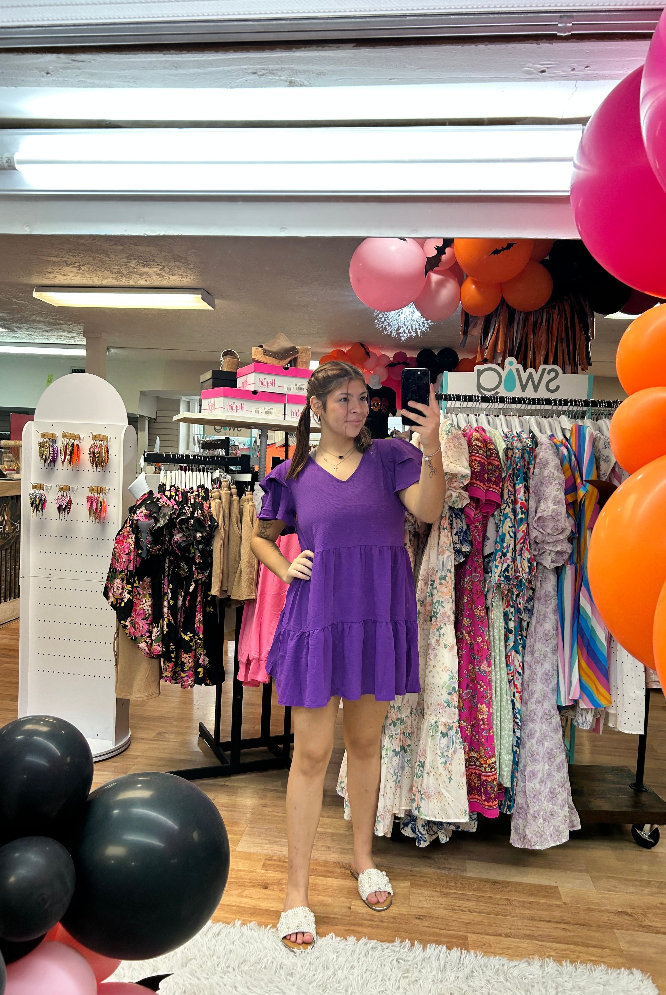 Game Day Flutter Sleeve Dress- Purple-Dear Me Southern Boutique, located in DeRidder, Louisiana