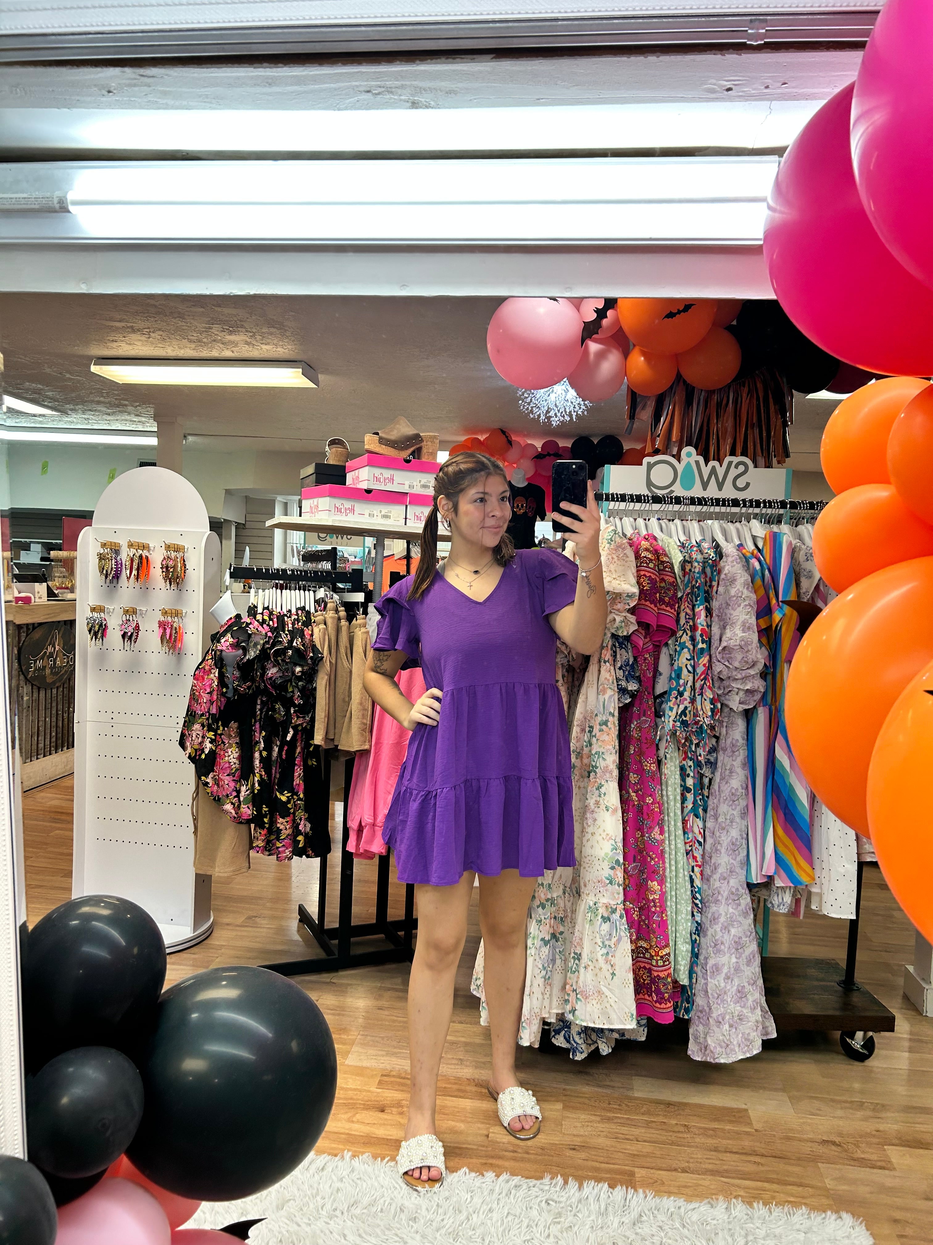Game Day Flutter Sleeve Dress- Purple-Dear Me Southern Boutique, located in DeRidder, Louisiana