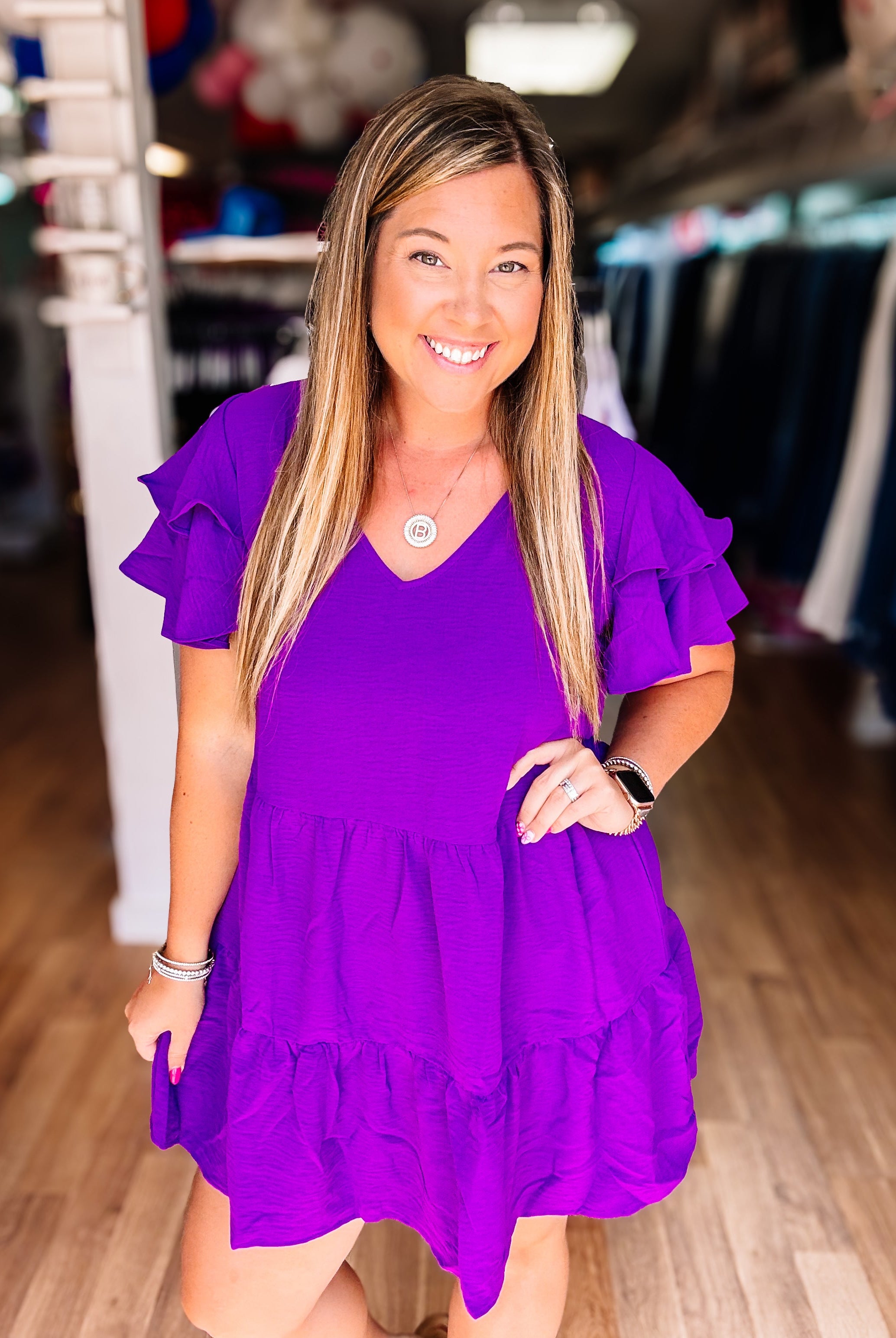 Game Day Flutter Sleeve Dress- Purple-Dear Me Southern Boutique, located in DeRidder, Louisiana