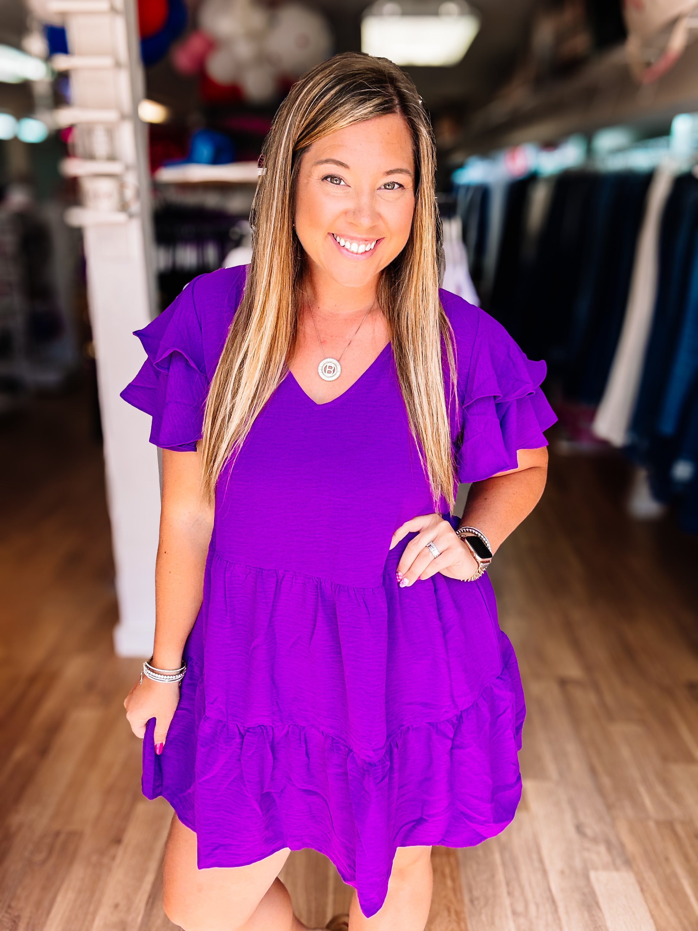 Game Day Flutter Sleeve Dress- Purple-Dear Me Southern Boutique, located in DeRidder, Louisiana