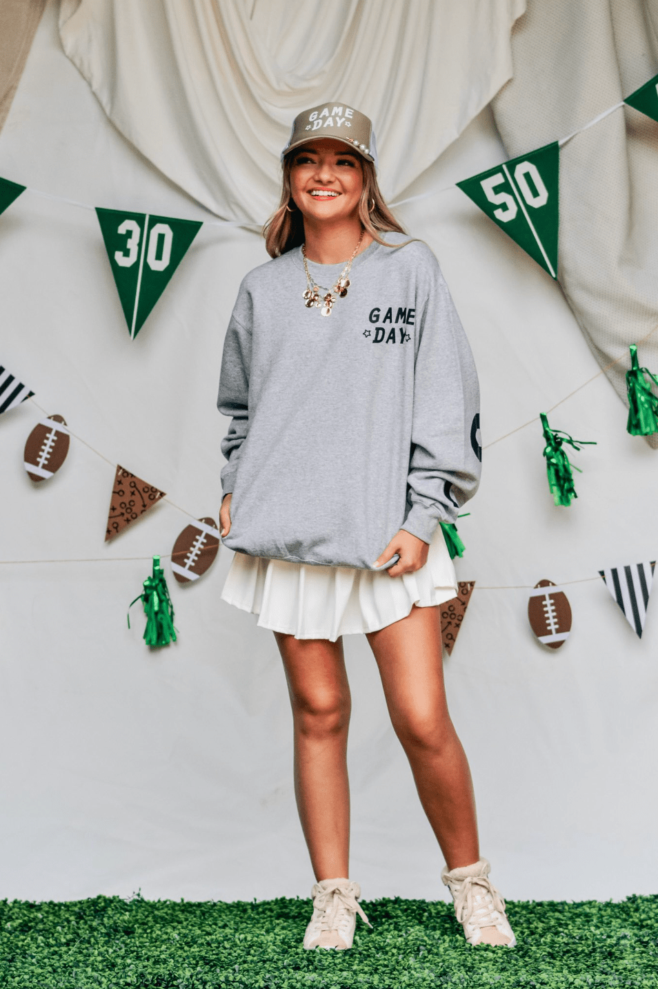Game Day Football Lt Gray Sweatshirt-Dear Me Southern Boutique, located in DeRidder, Louisiana