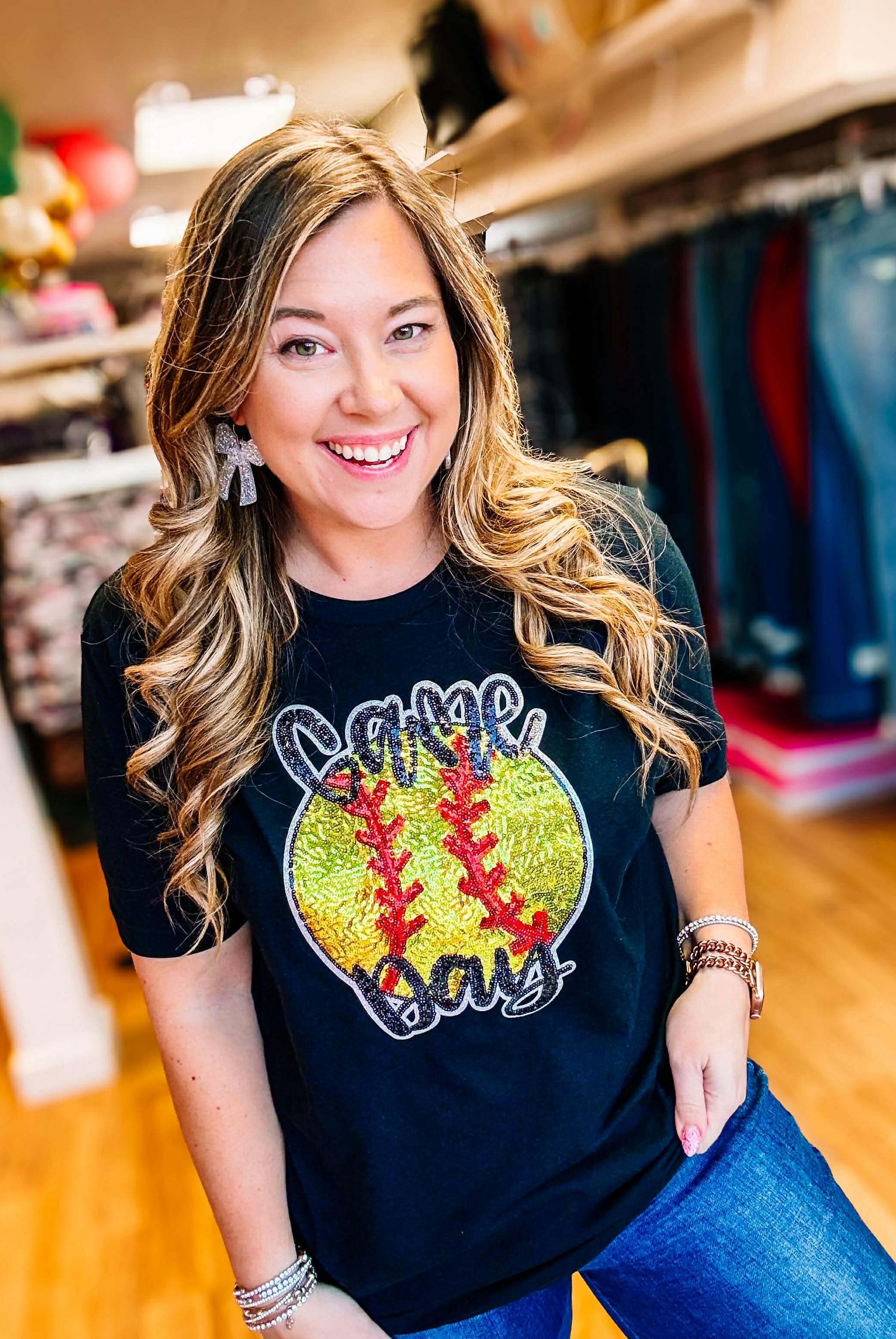 Game Day Softball Bling Tee-Graphic Tops-Dear Me Southern Boutique, located in DeRidder, Louisiana
