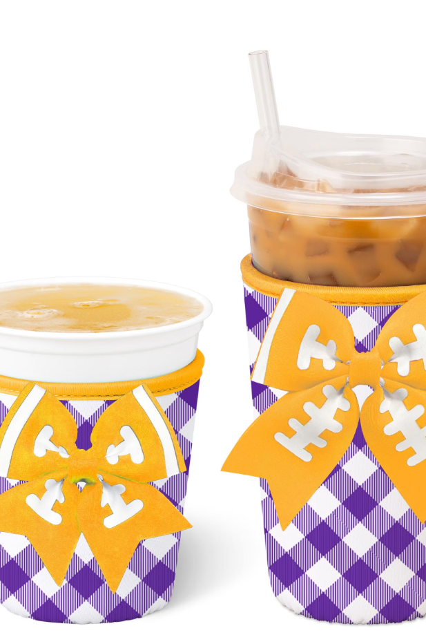 Gameday Gingham Purple + Yellow Iced Cup Coolie-Drink Coolies-Dear Me Southern Boutique, located in DeRidder, Louisiana