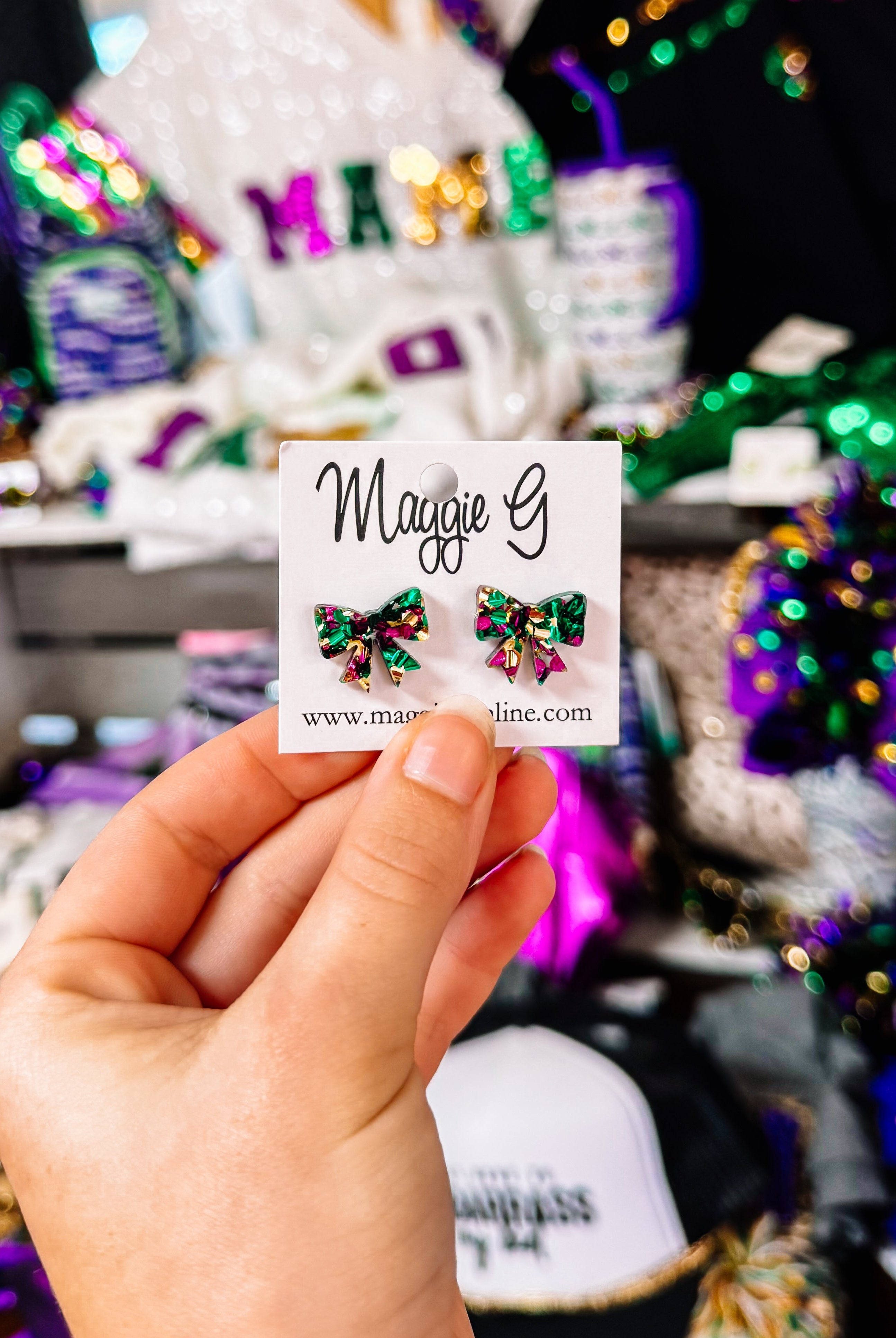 Geaux Giltter Bow Studs-Earrings-Dear Me Southern Boutique, located in DeRidder, Louisiana