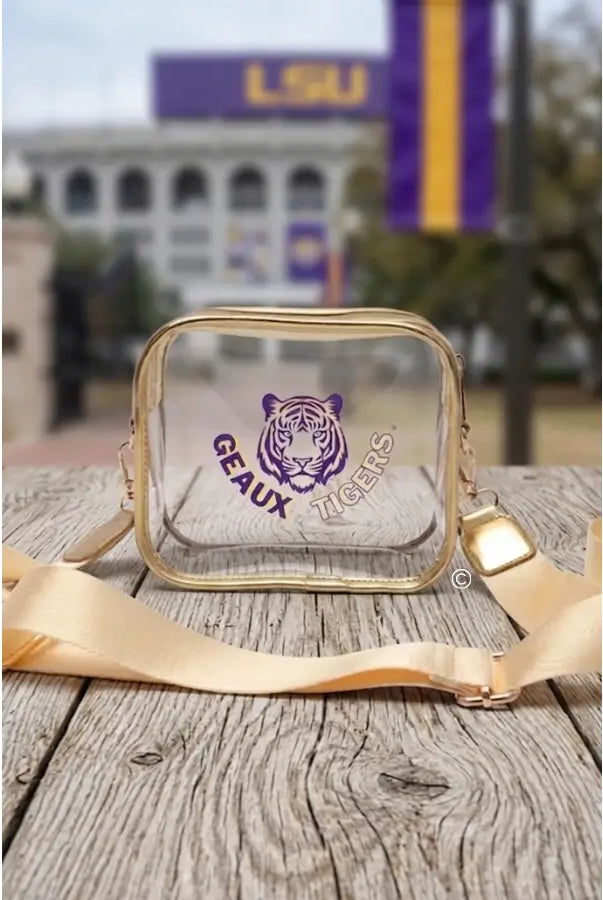 Geaux Tigers Gold Clear Crossbody Bag-Tote Bags-Dear Me Southern Boutique, located in DeRidder, Louisiana