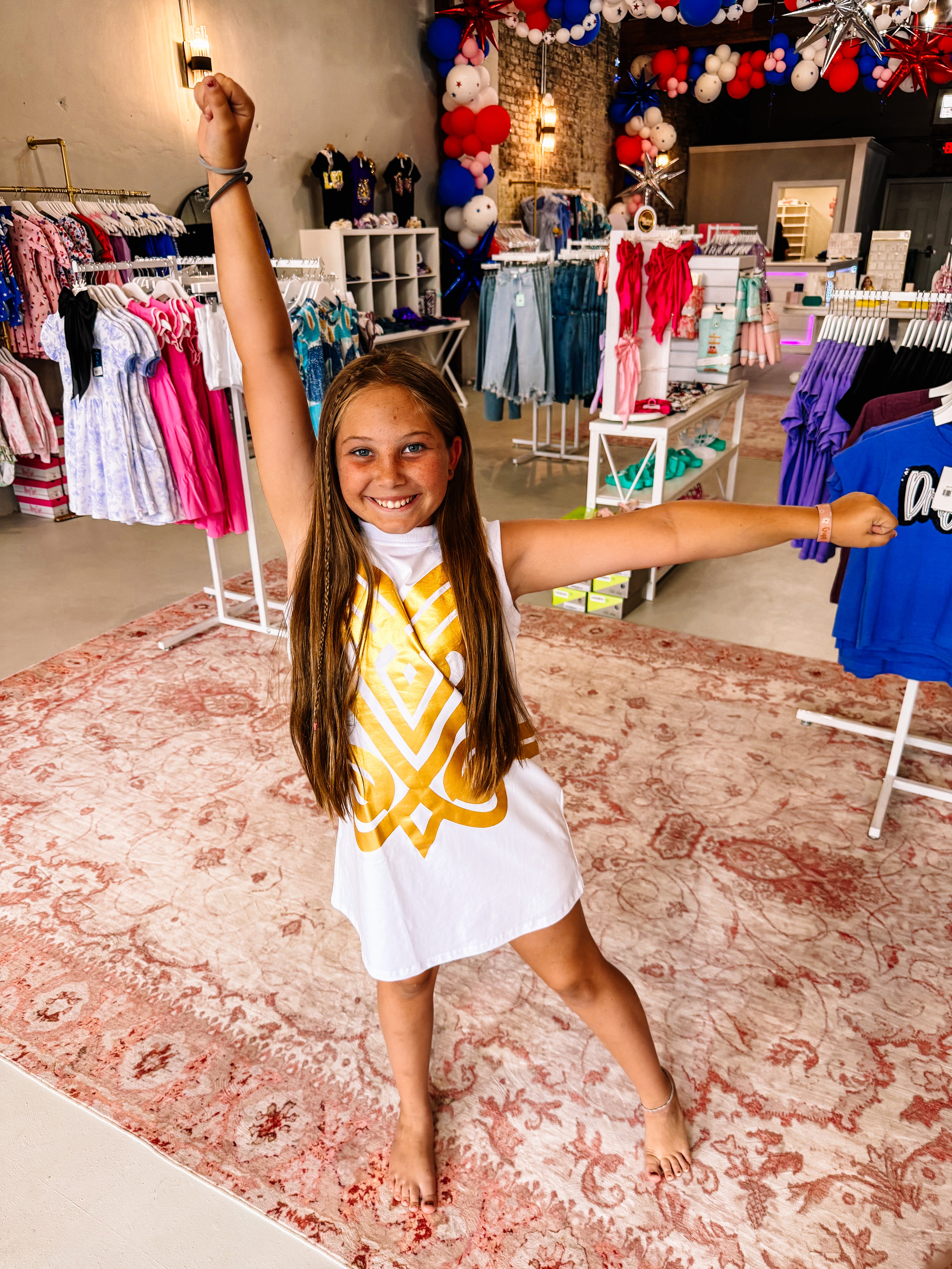 Geauxlden Girl Dress-Jag Dresses-Dear Me Southern Boutique, located in DeRidder, Louisiana