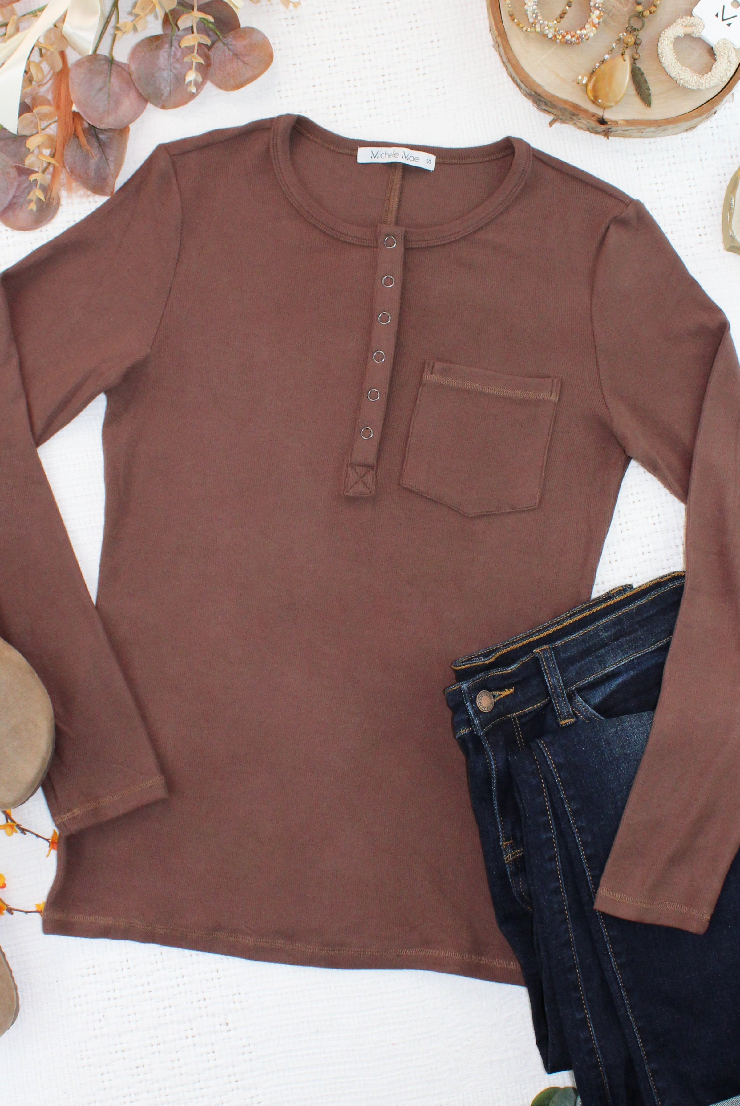 Georgia Long Sleeve Top - Brown-Tops-Dear Me Southern Boutique, located in DeRidder, Louisiana