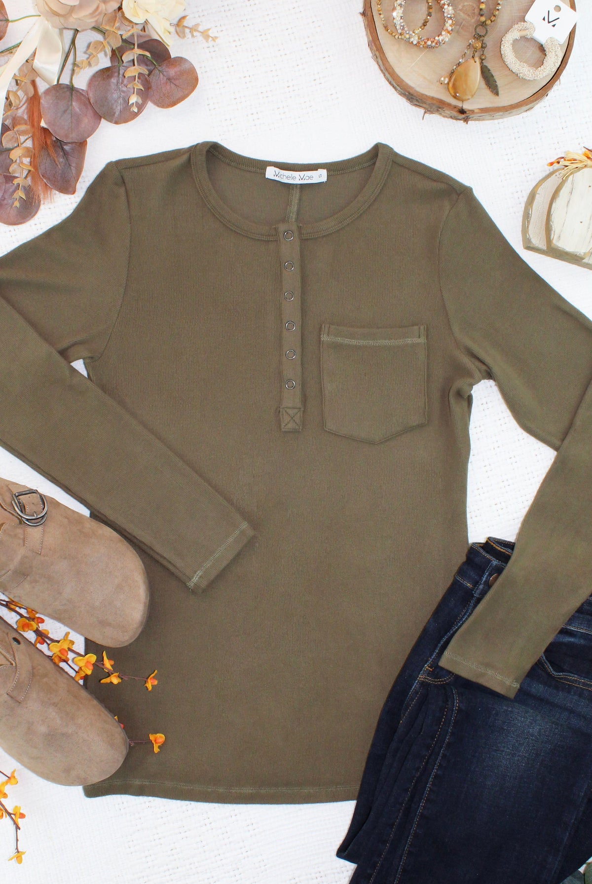 Georgia Long Sleeve Top - Olive-Tops-Dear Me Southern Boutique, located in DeRidder, Louisiana