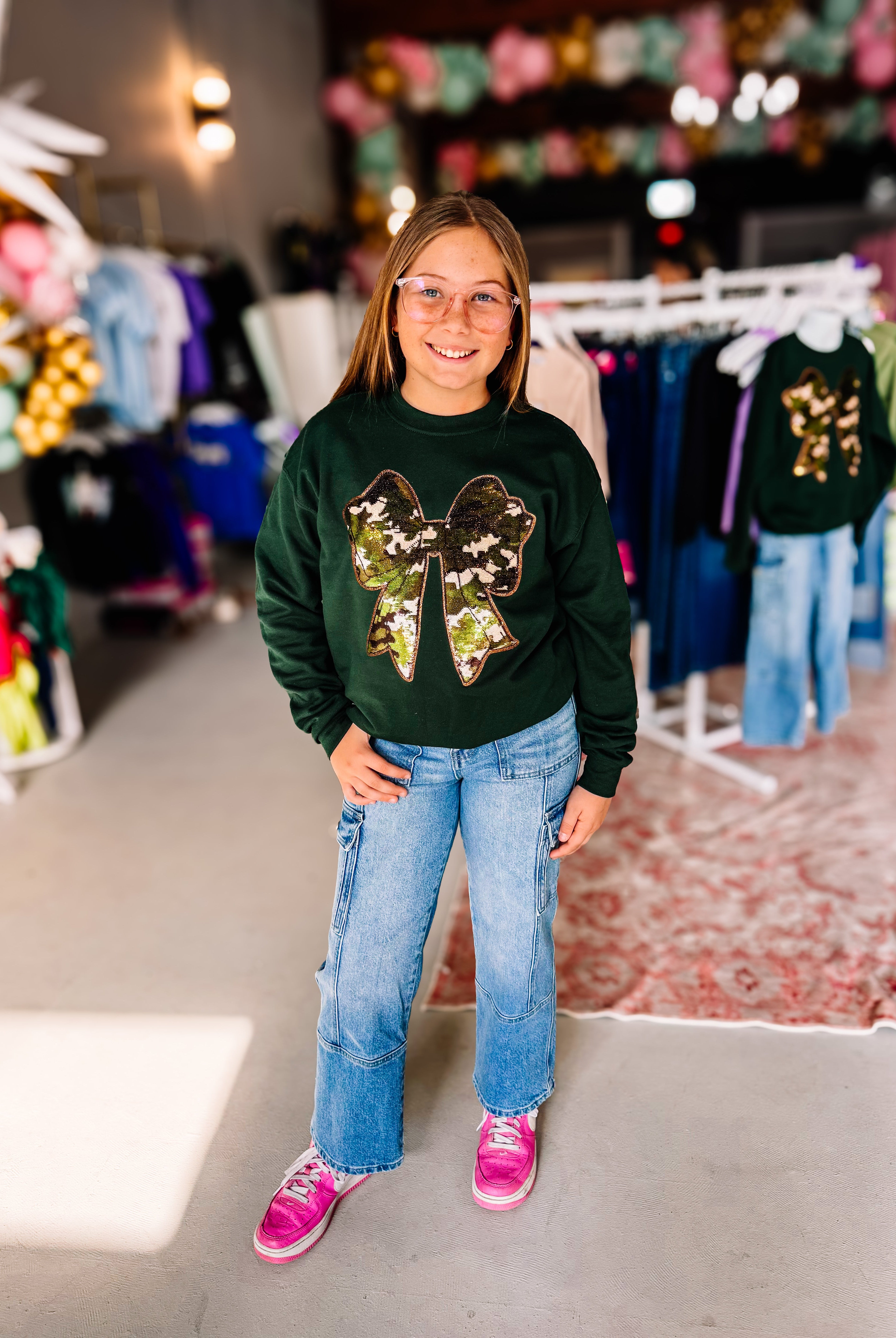 Girls Camo Sequin Coquette Bow Pullover-Pullover-Dear Me Southern Boutique, located in DeRidder, Louisiana
