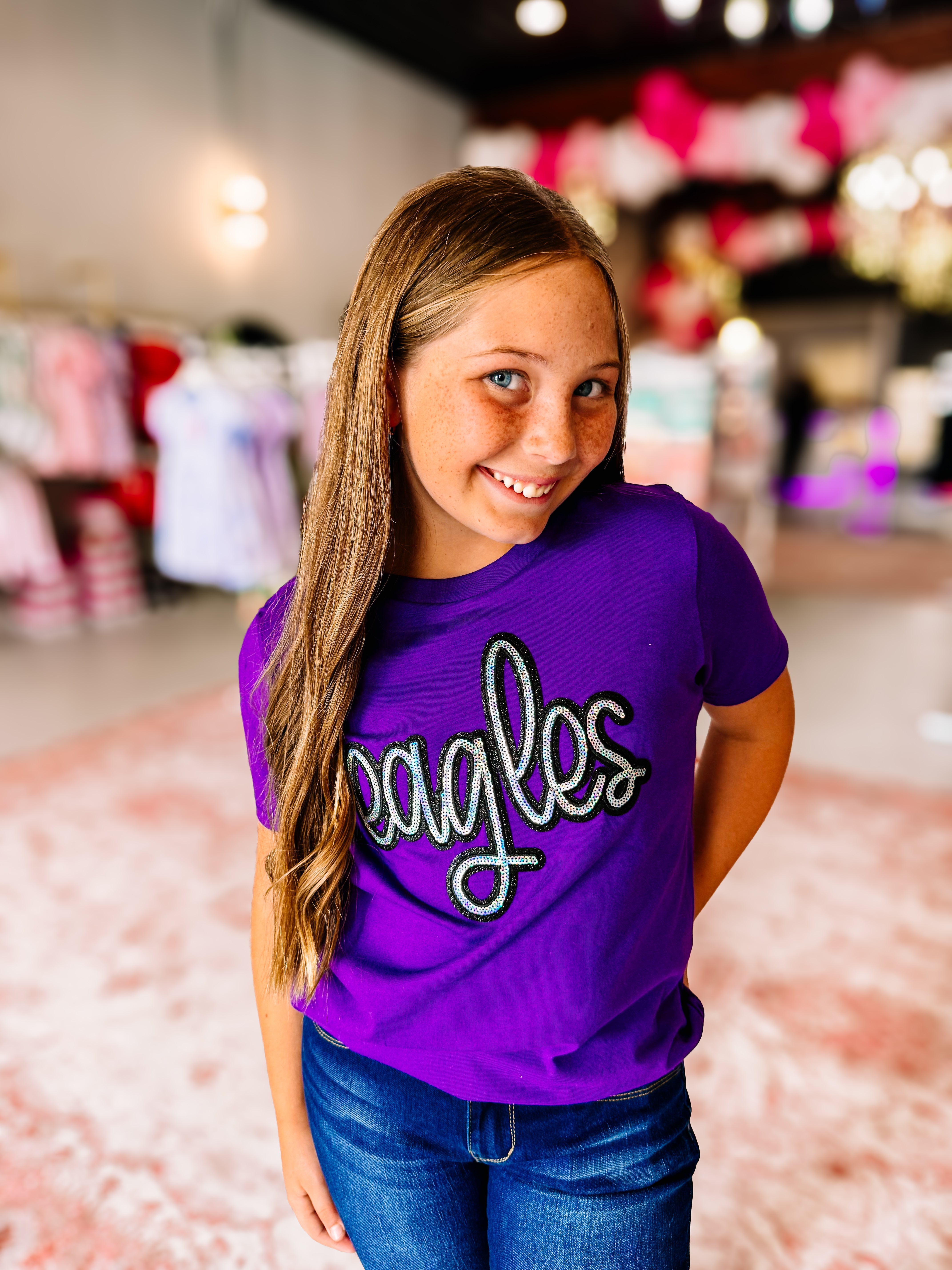 Girls Eagles Sequin Tee-JAG Graphic Tops-Dear Me Southern Boutique, located in DeRidder, Louisiana
