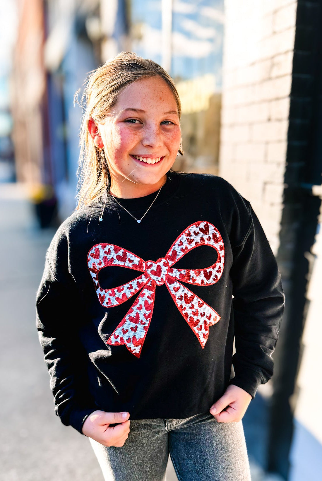 Girls Heartstring Sequin Bow Crew-Dear Me Southern Boutique, located in DeRidder, Louisiana