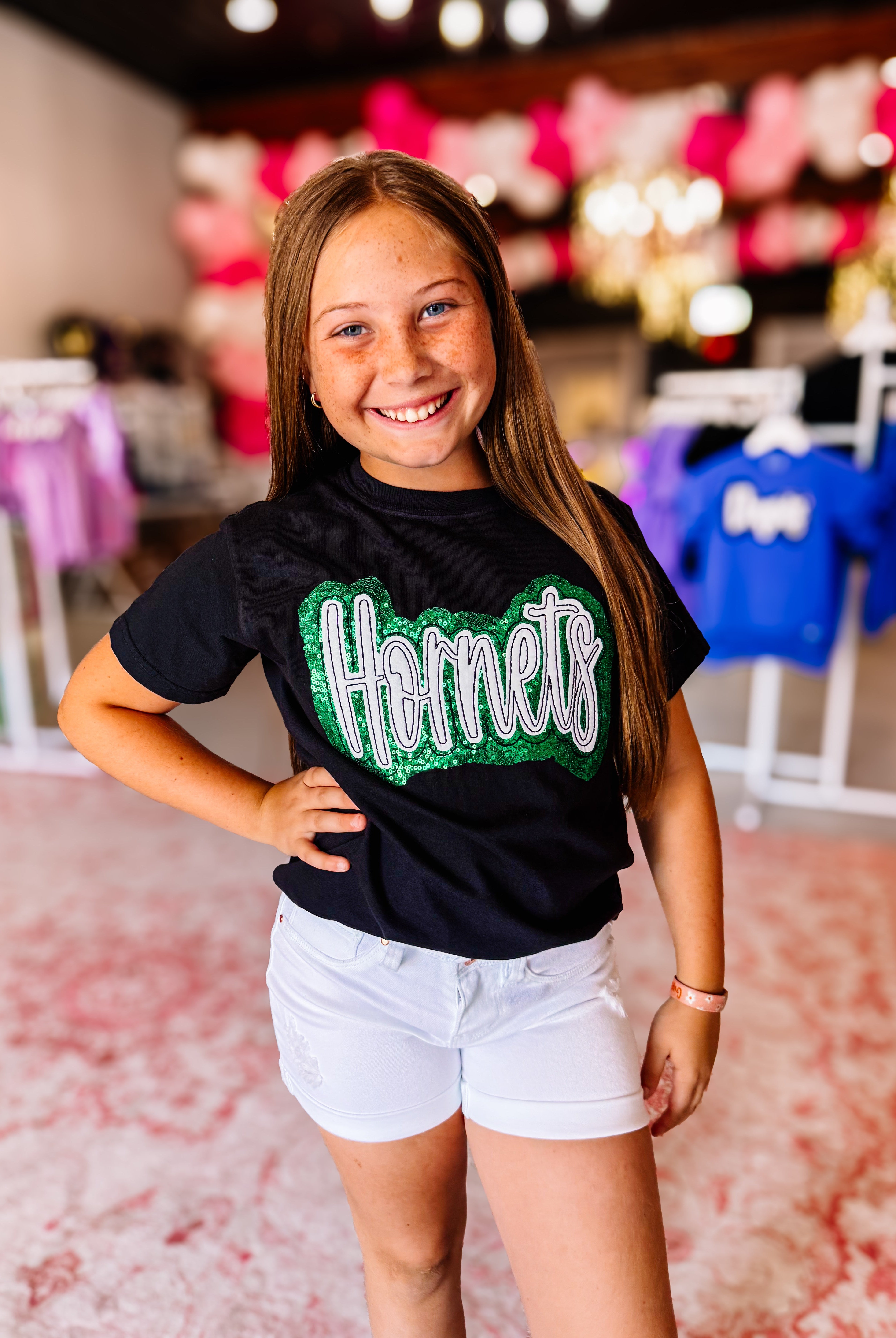 Girls Hornets Sequin Applique Tee-JAG Graphic Tops-Dear Me Southern Boutique, located in DeRidder, Louisiana