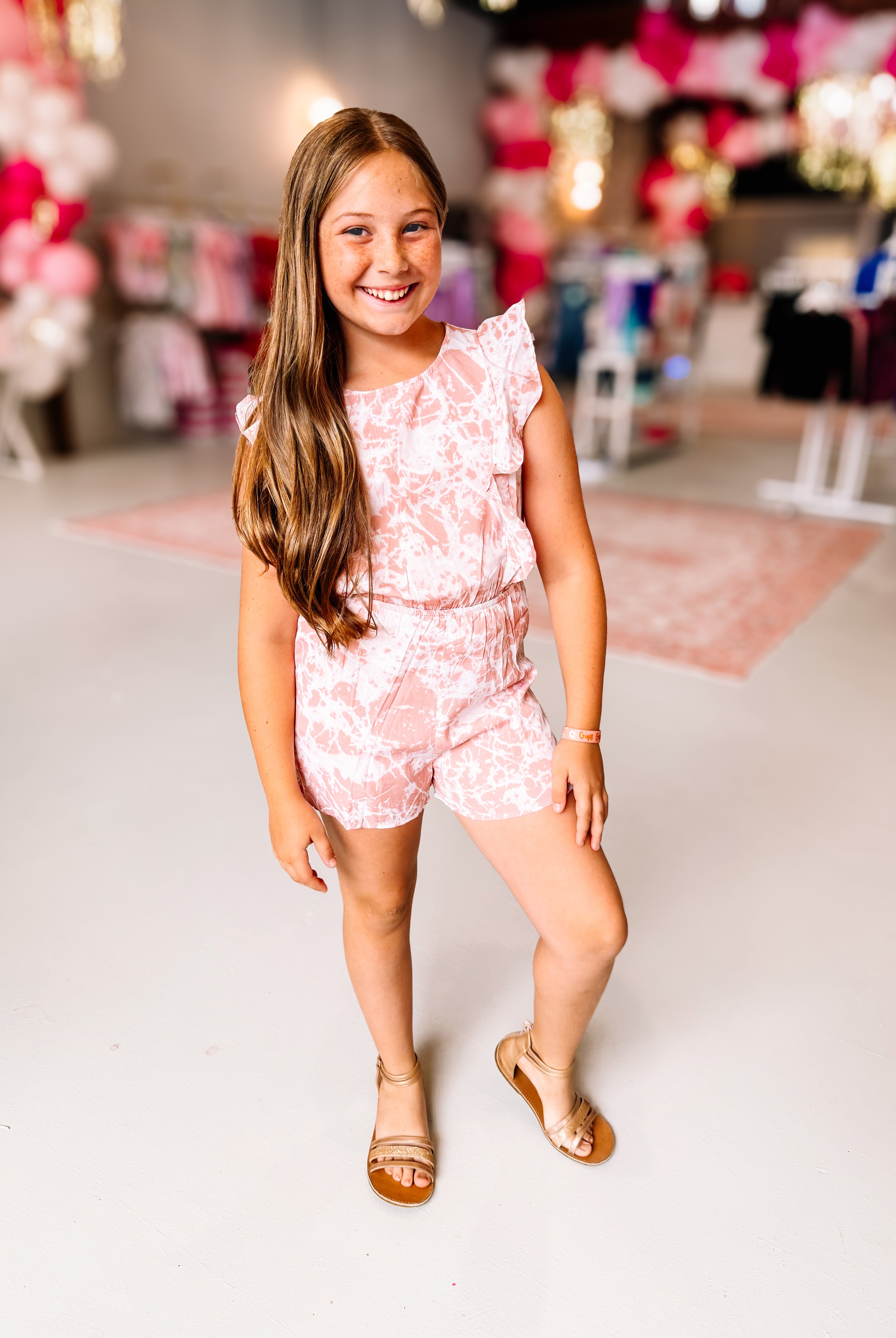 Girls Mauve About You Marbled Ruffle Romper-JAG Rompers-Dear Me Southern Boutique, located in DeRidder, Louisiana