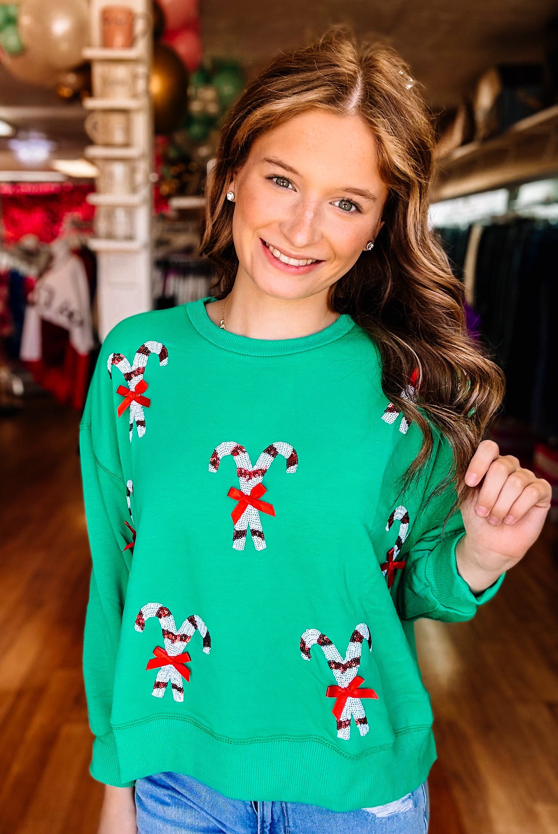 Millie Candy Canes Sweatshirt-Graphic Tops-Dear Me Southern Boutique, located in DeRidder, Louisiana