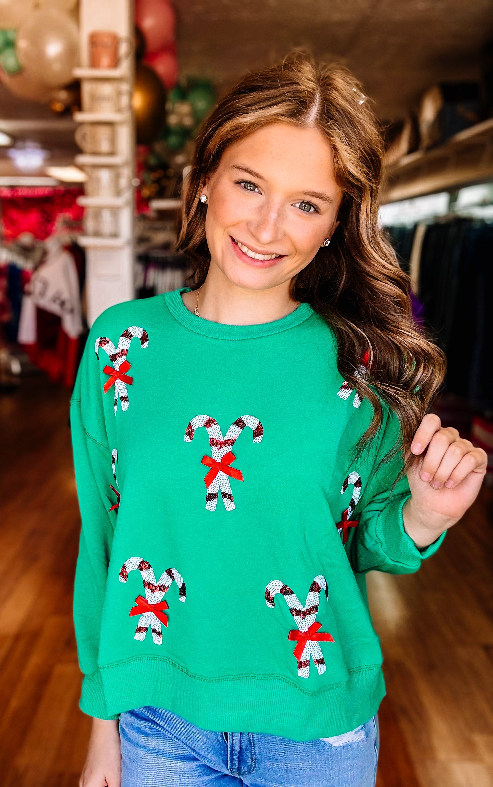 Millie Candy Canes Sweatshirt-Graphic Tops-Dear Me Southern Boutique, located in DeRidder, Louisiana