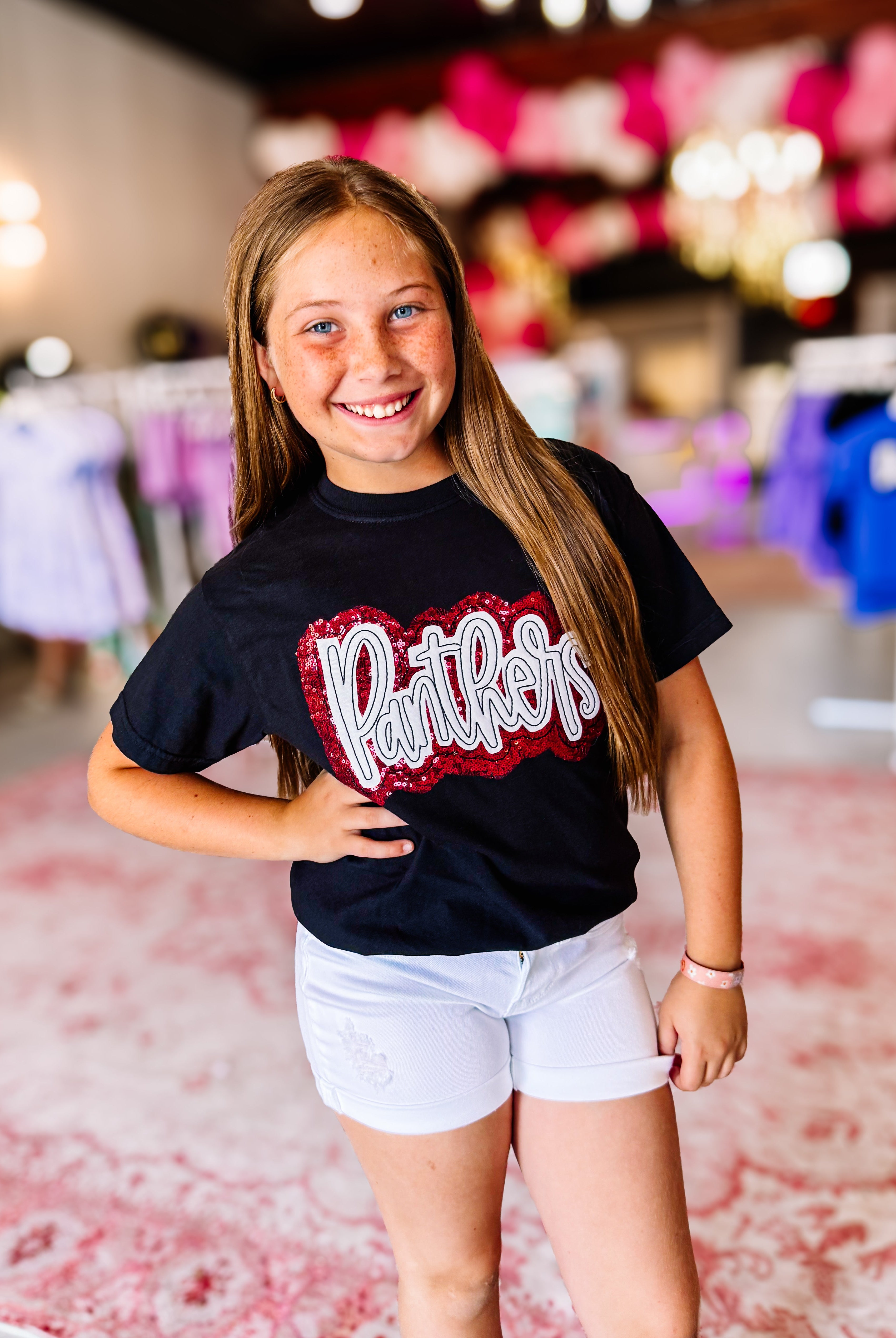Girls Panthers Sequin Applique Tee-JAG Graphic Tops-Dear Me Southern Boutique, located in DeRidder, Louisiana