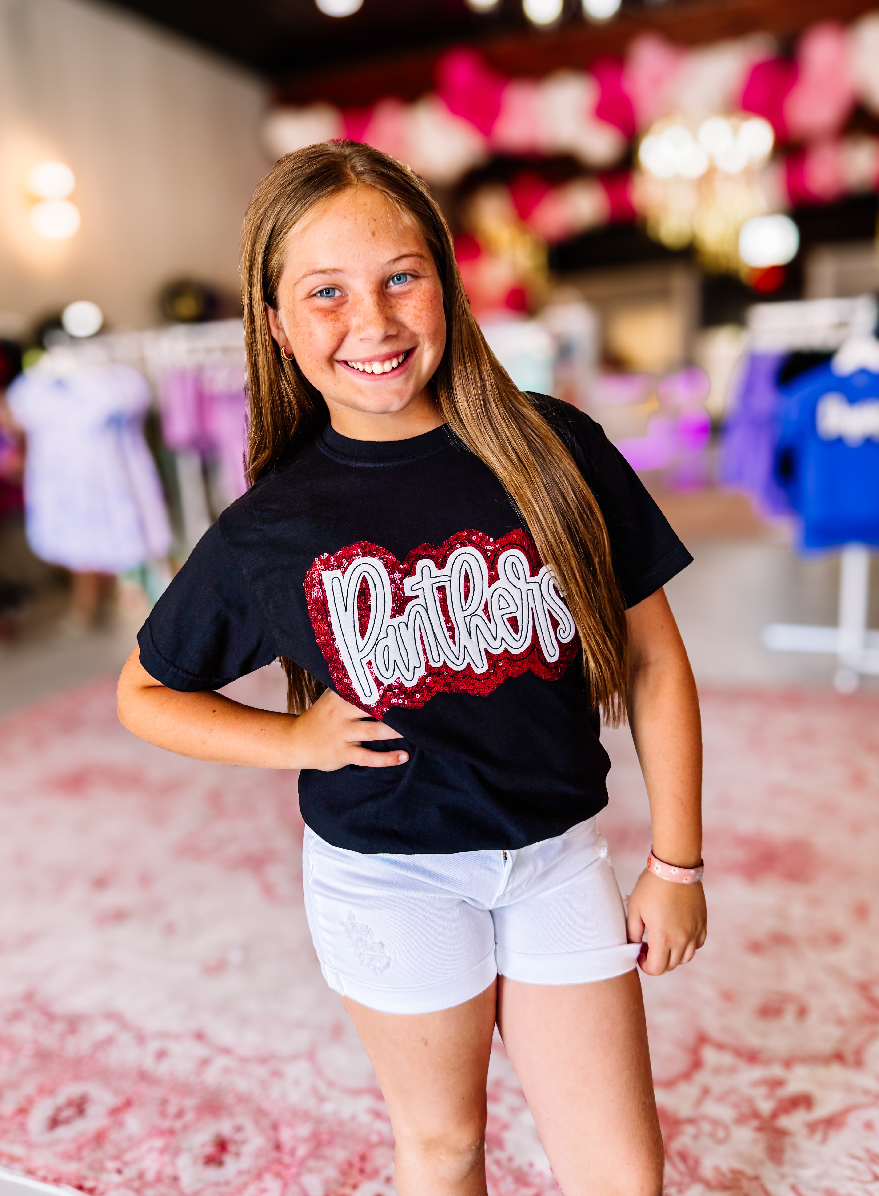 Girls Panthers Sequin Applique Tee-JAG Graphic Tops-Dear Me Southern Boutique, located in DeRidder, Louisiana