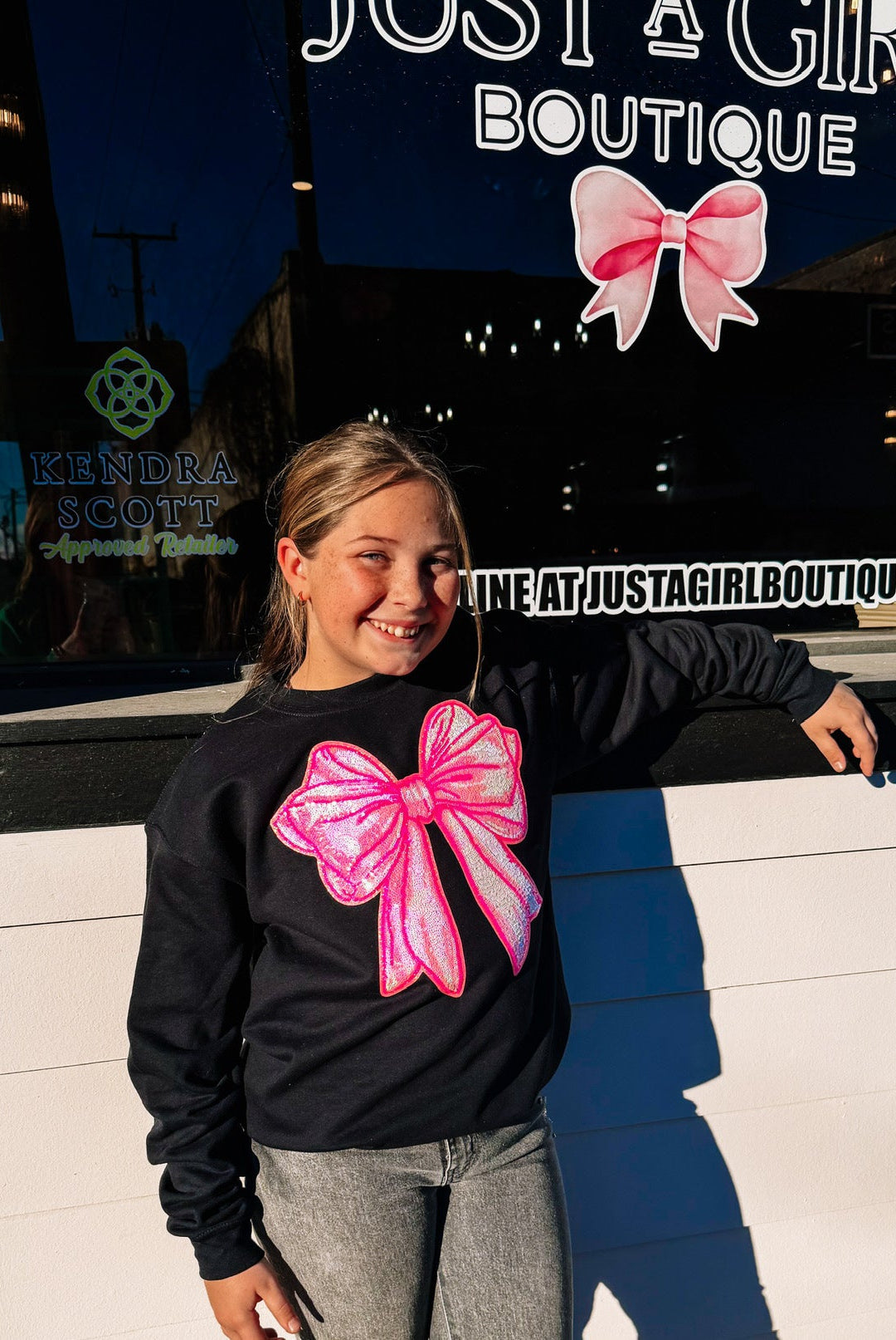 Girls Pink Sequin Bow Crew-Dear Me Southern Boutique, located in DeRidder, Louisiana