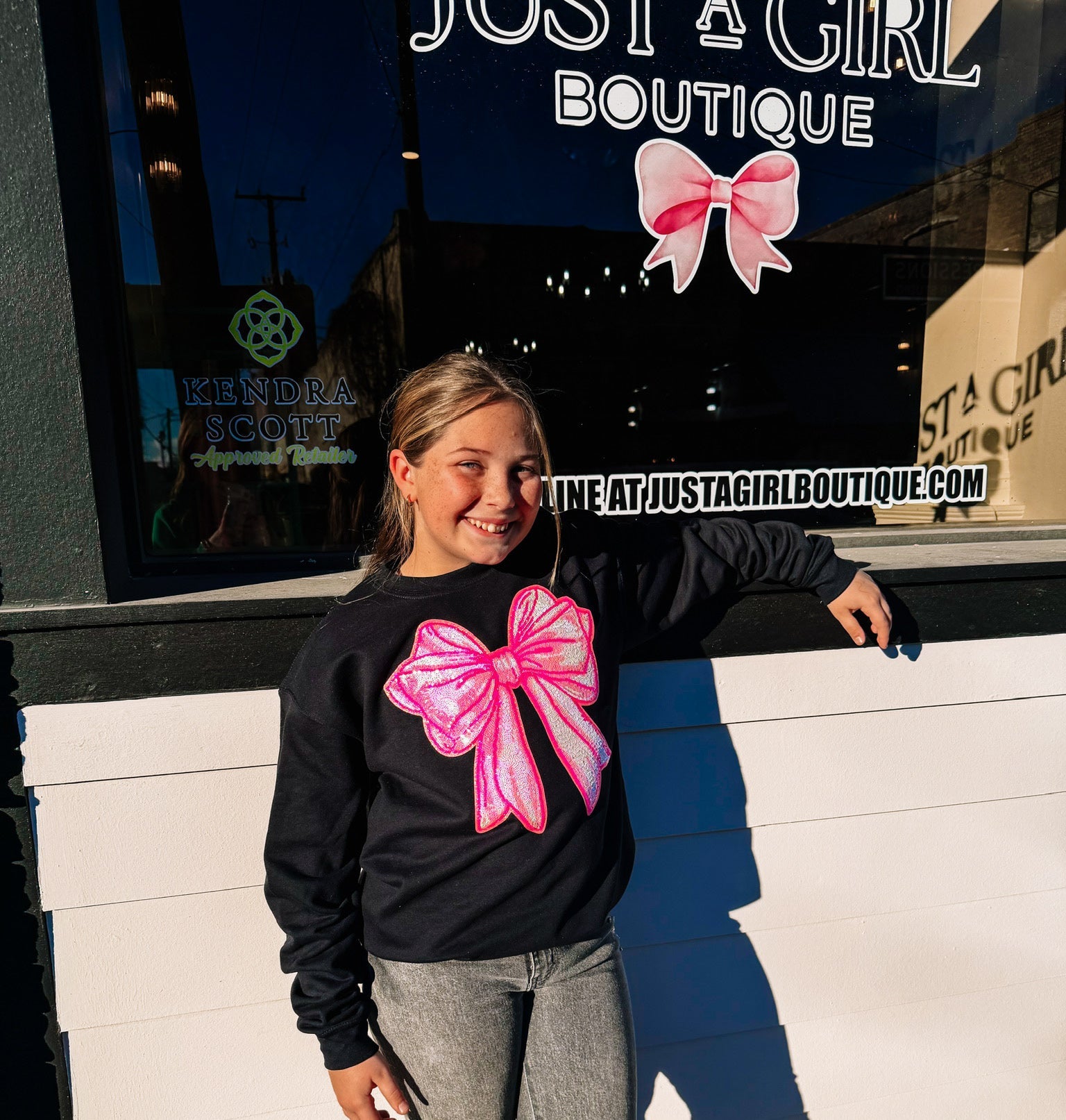 Girls Pink Sequin Bow Crew-Dear Me Southern Boutique, located in DeRidder, Louisiana