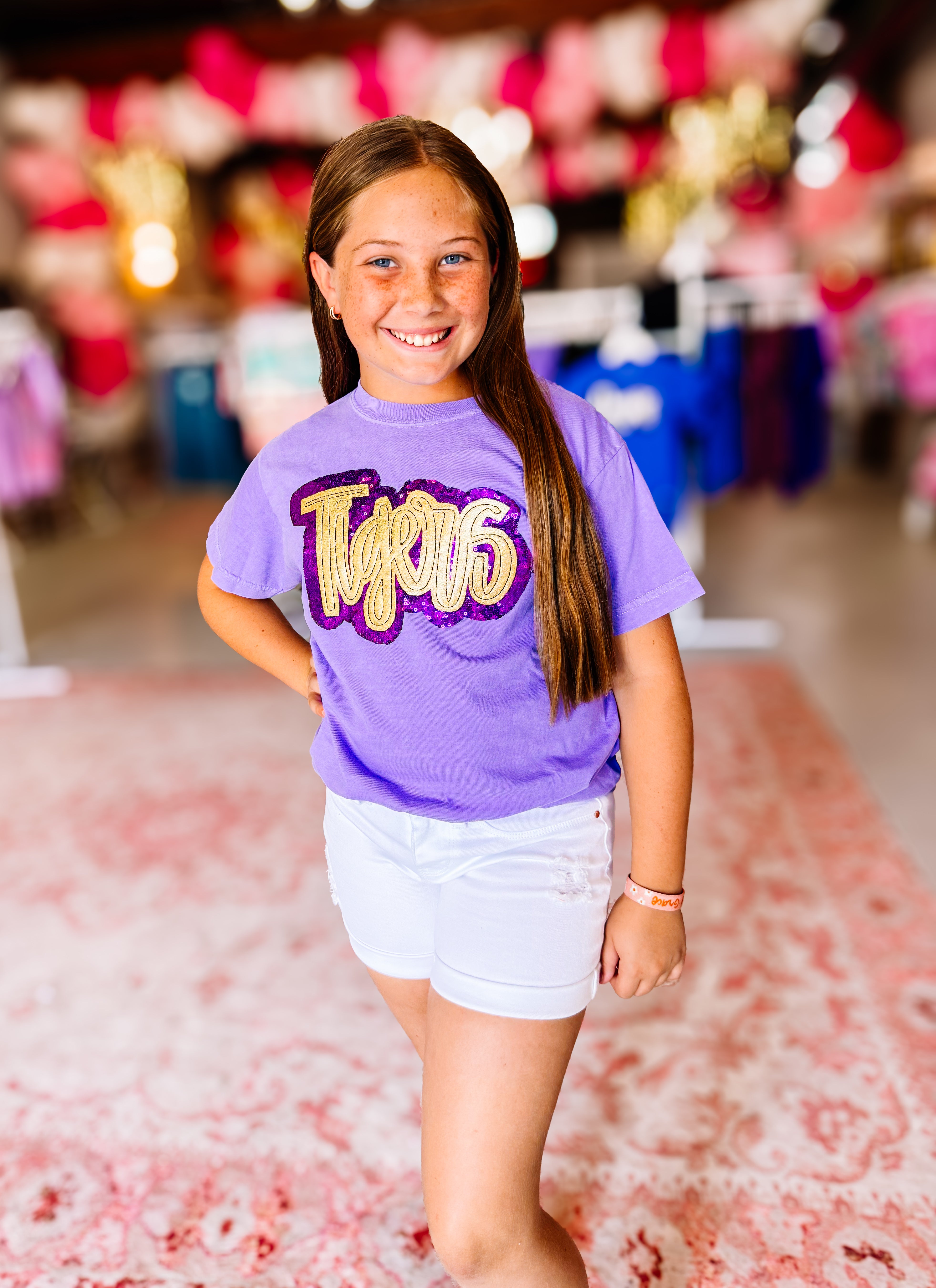 Girls Tigers Sequin Applique Tee-JAG Graphic Tops-Dear Me Southern Boutique, located in DeRidder, Louisiana