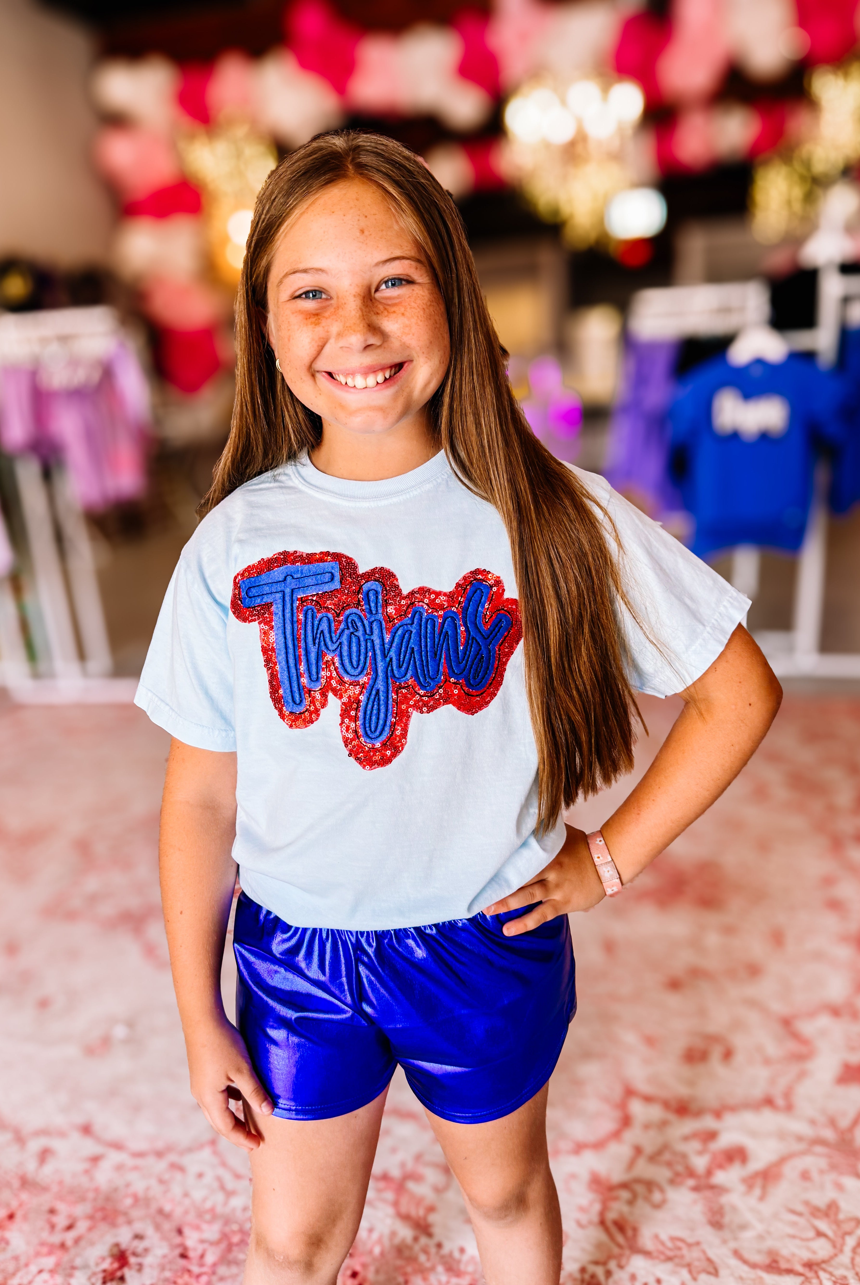 Girls Trojans Sequin Applique Tee-JAG Graphic Tops-Dear Me Southern Boutique, located in DeRidder, Louisiana