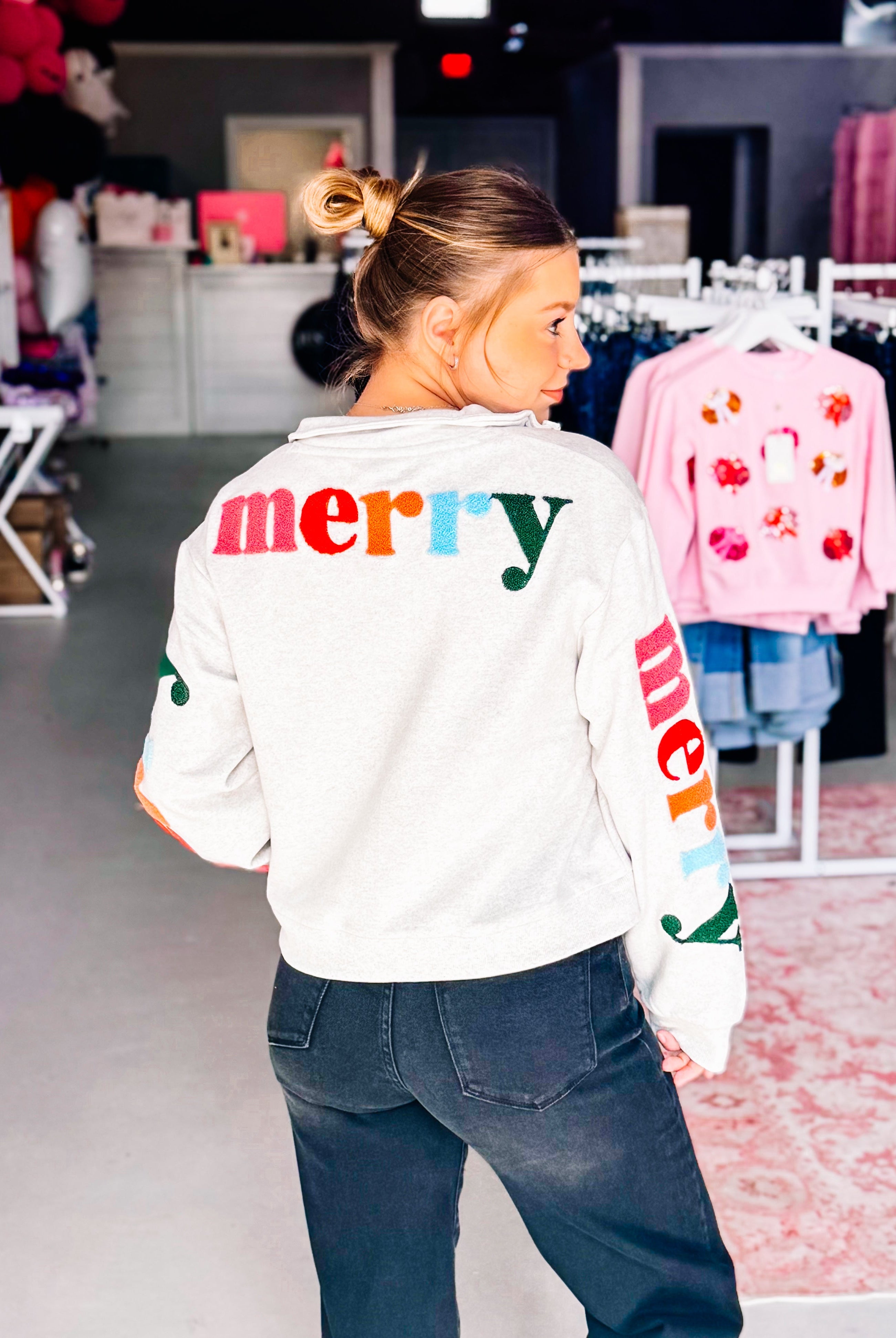 Girls Very Merry Always Bright Quarter Zip-Pullover-Dear Me Southern Boutique, located in DeRidder, Louisiana