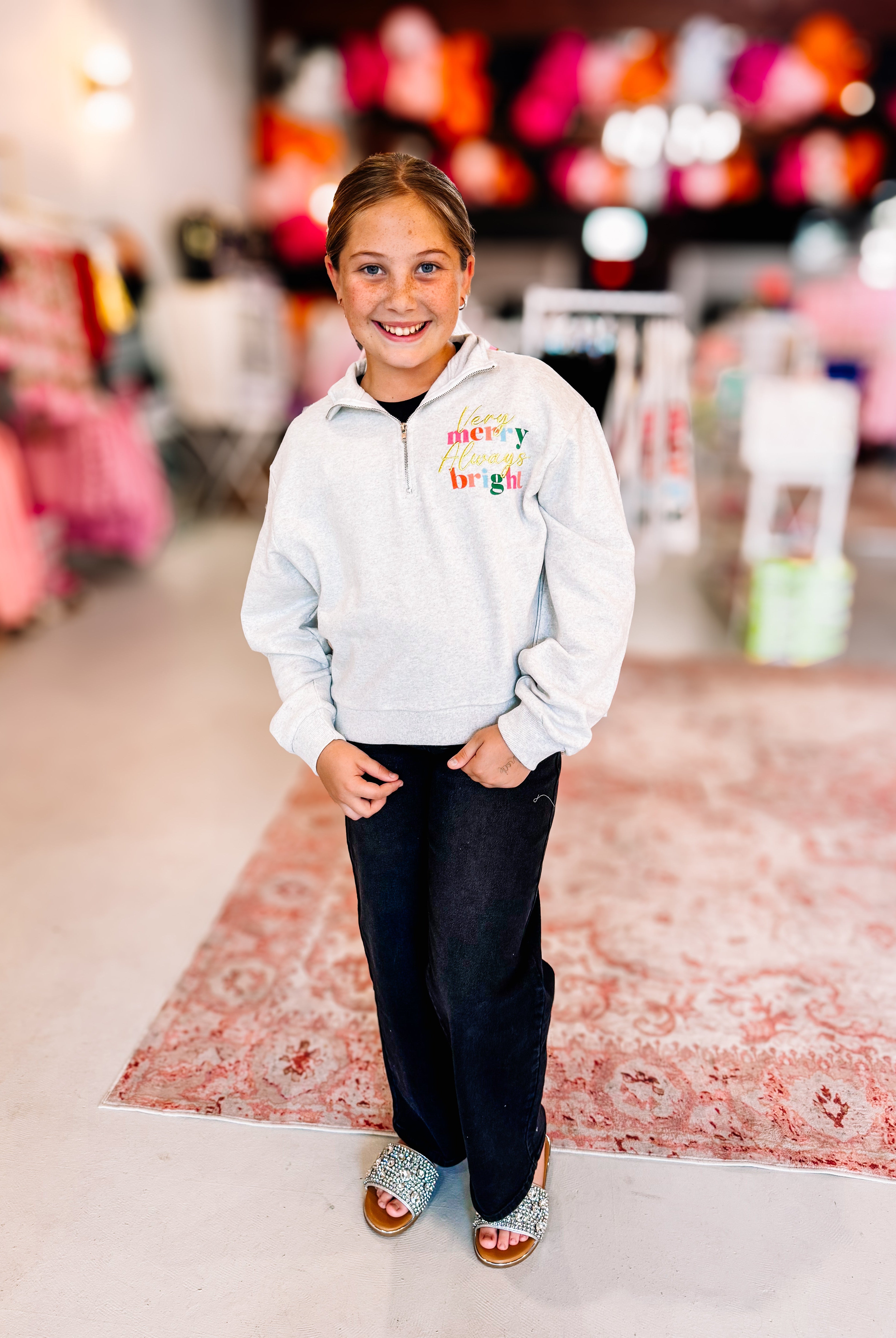 Girls Very Merry Always Bright Quarter Zip-Pullover-Dear Me Southern Boutique, located in DeRidder, Louisiana