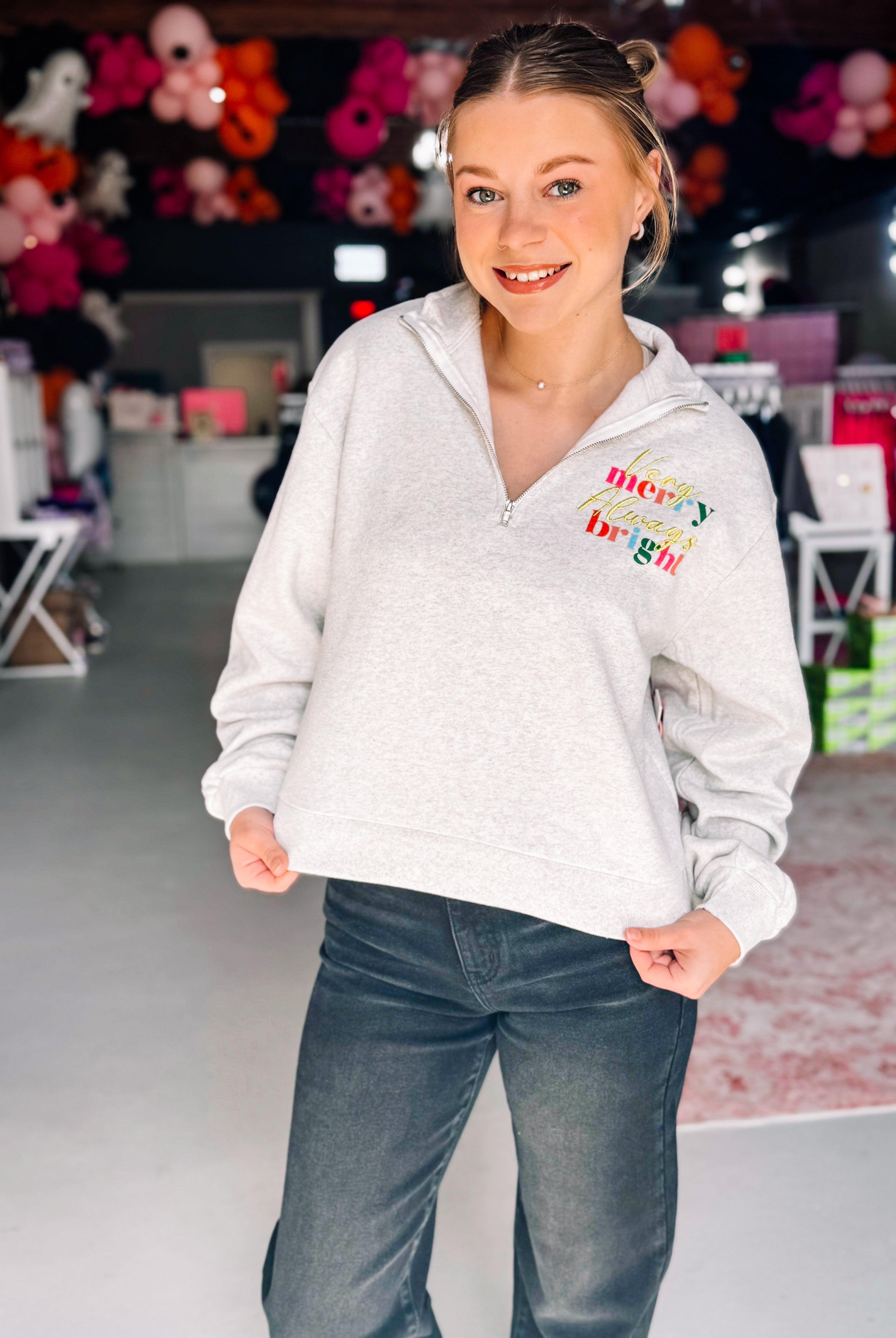 Girls Very Merry Always Bright Quarter Zip-Pullover-Dear Me Southern Boutique, located in DeRidder, Louisiana