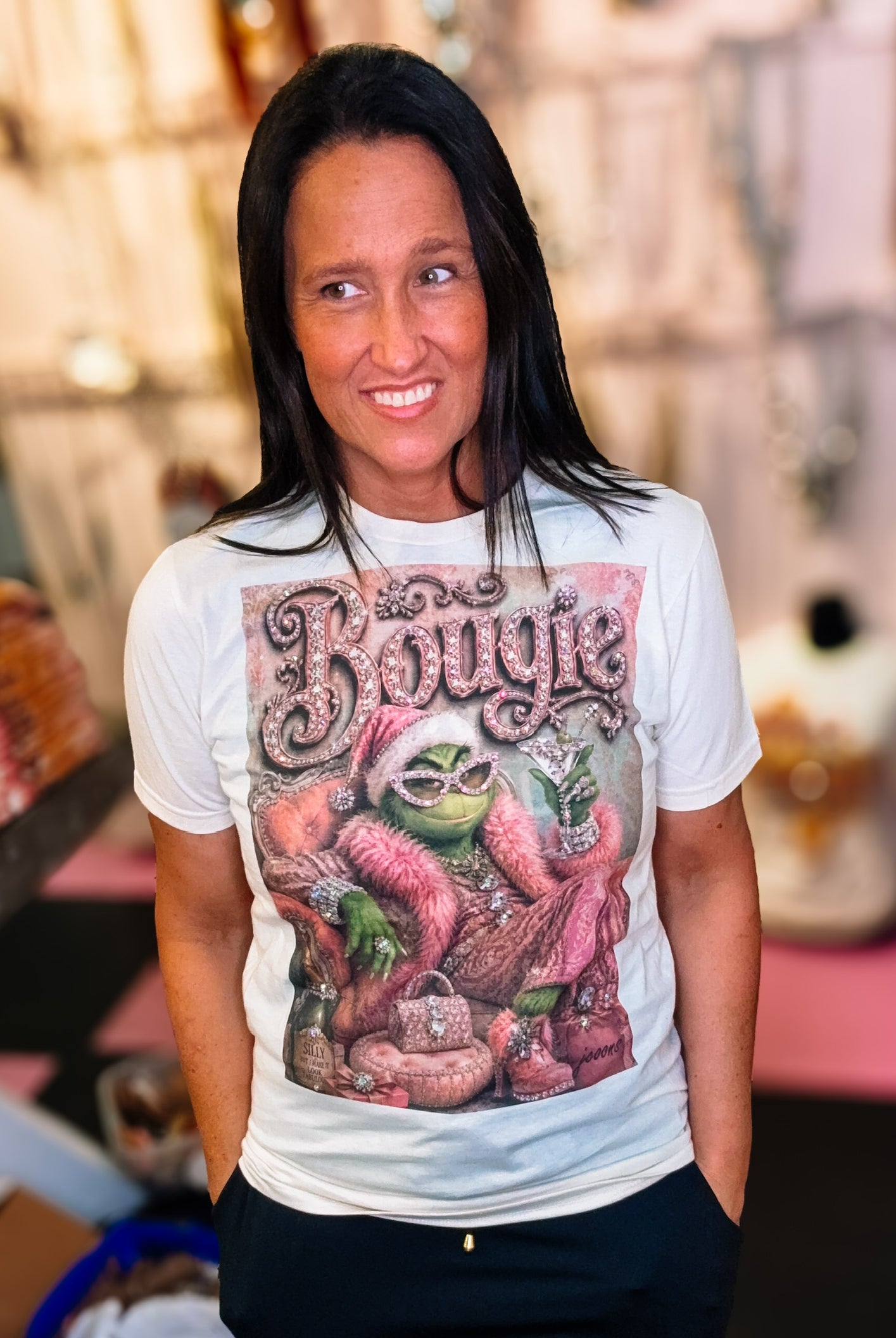 Glam Grinch Bougie Rhinestone Tee-Graphic Tees-Dear Me Southern Boutique, located in DeRidder, Louisiana
