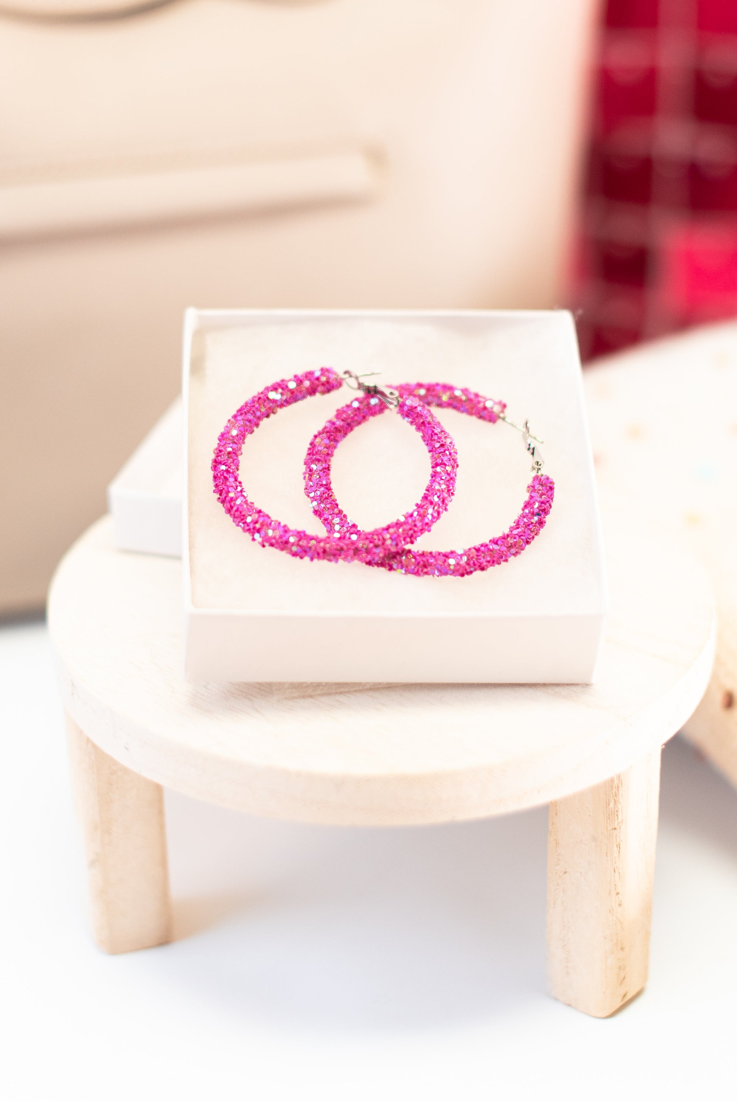 Glitter Hinge Hoops - Magenta-Earrings-Dear Me Southern Boutique, located in DeRidder, Louisiana