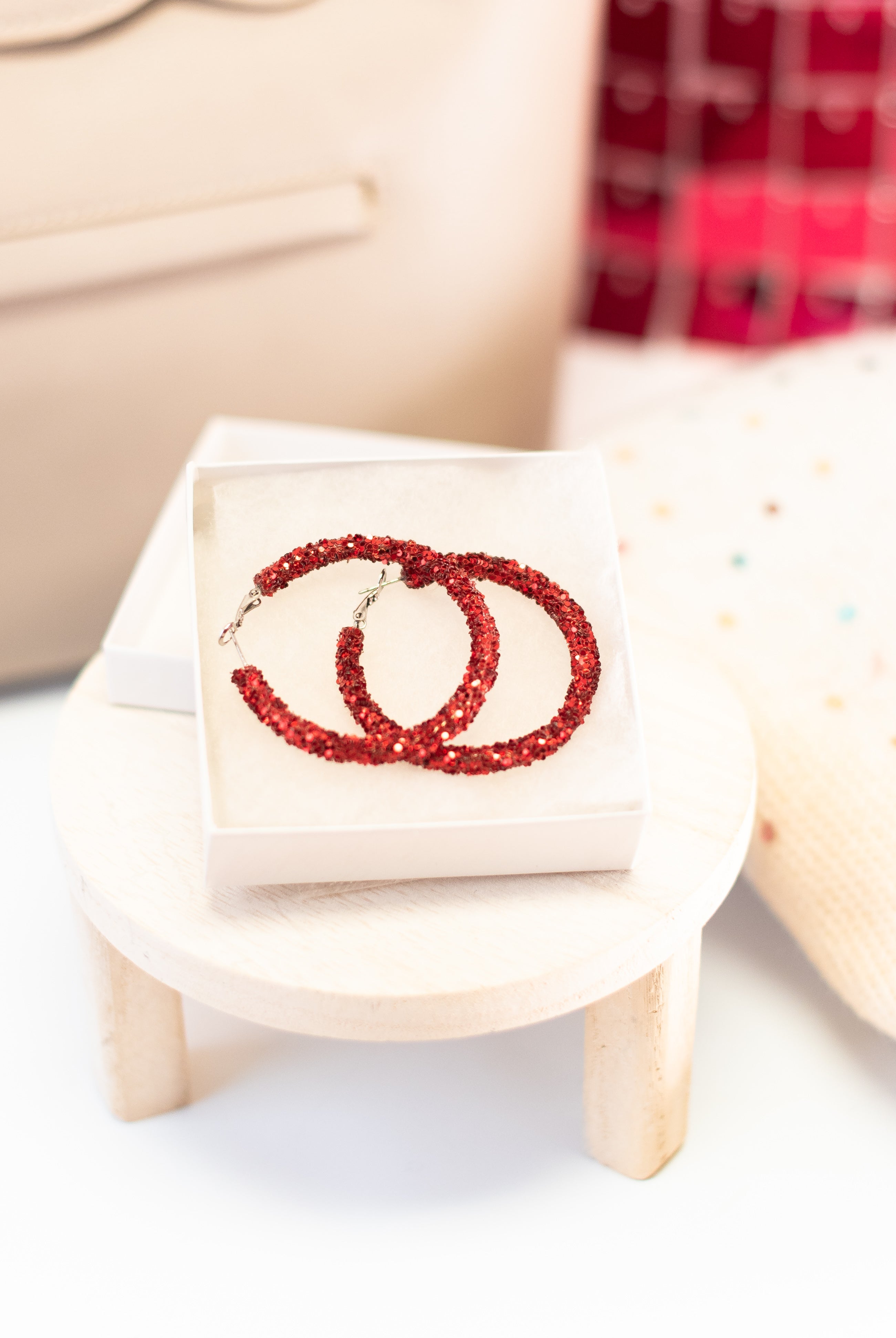 Glitter Hinge Hoops - Red-Earrings-Dear Me Southern Boutique, located in DeRidder, Louisiana