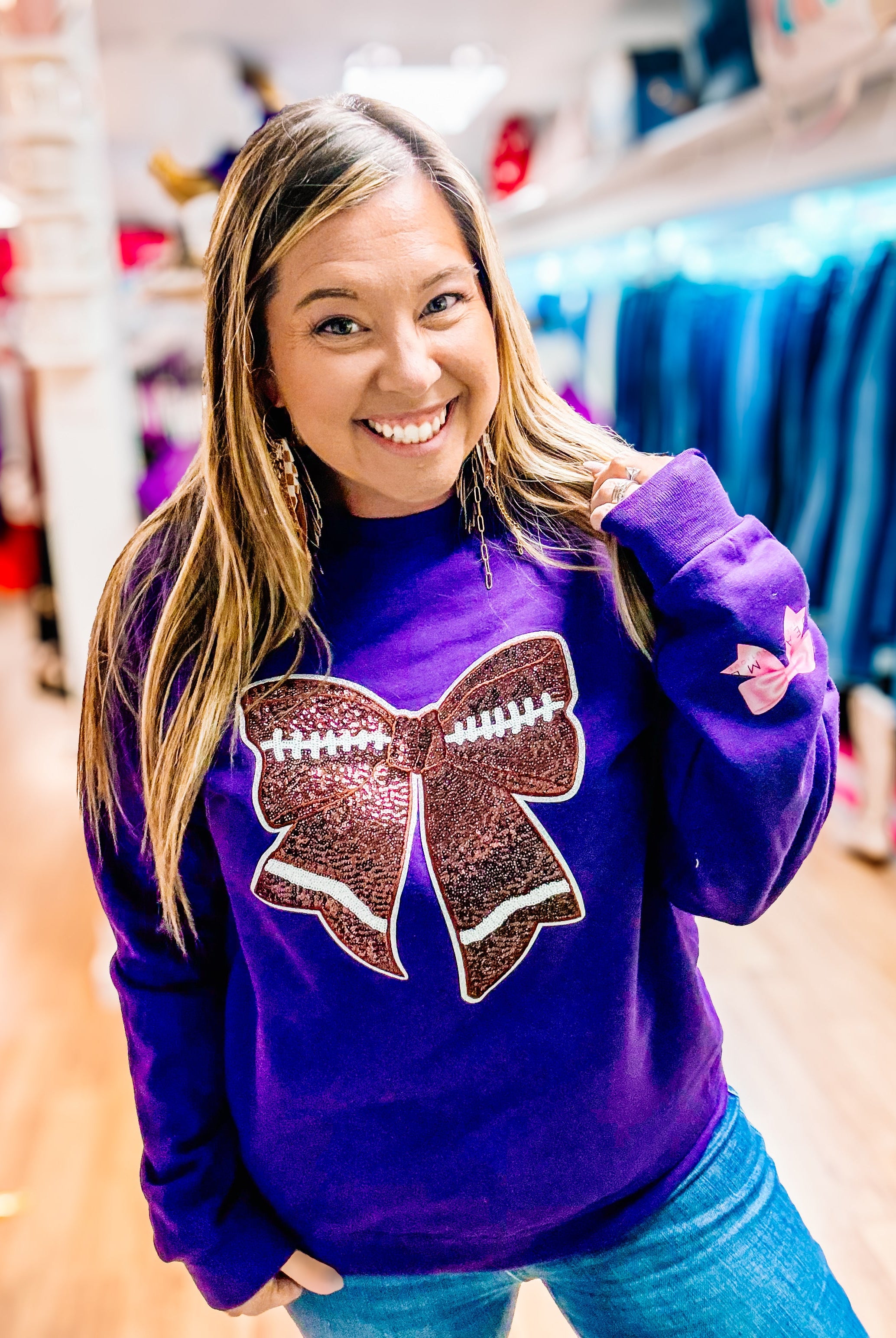 Glitz & Gameday Bow Sweatshirt-Graphic Tops-Dear Me Southern Boutique, located in DeRidder, Louisiana