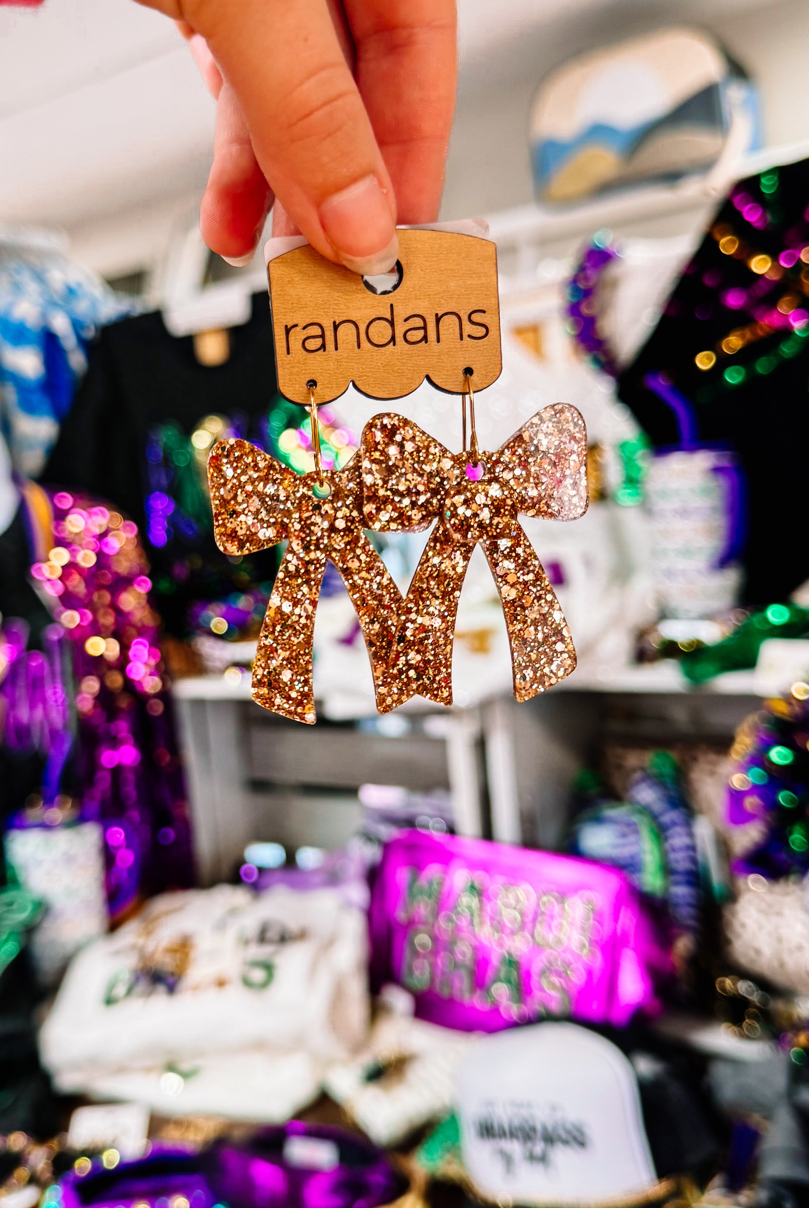 Gold Glitter Coquette Bow Randans-Earrings-Dear Me Southern Boutique, located in DeRidder, Louisiana