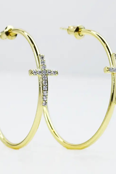 Golden Crossed Grace Hoops Gold-Jewelry - Earrings-Dear Me Southern Boutique, located in DeRidder, Louisiana
