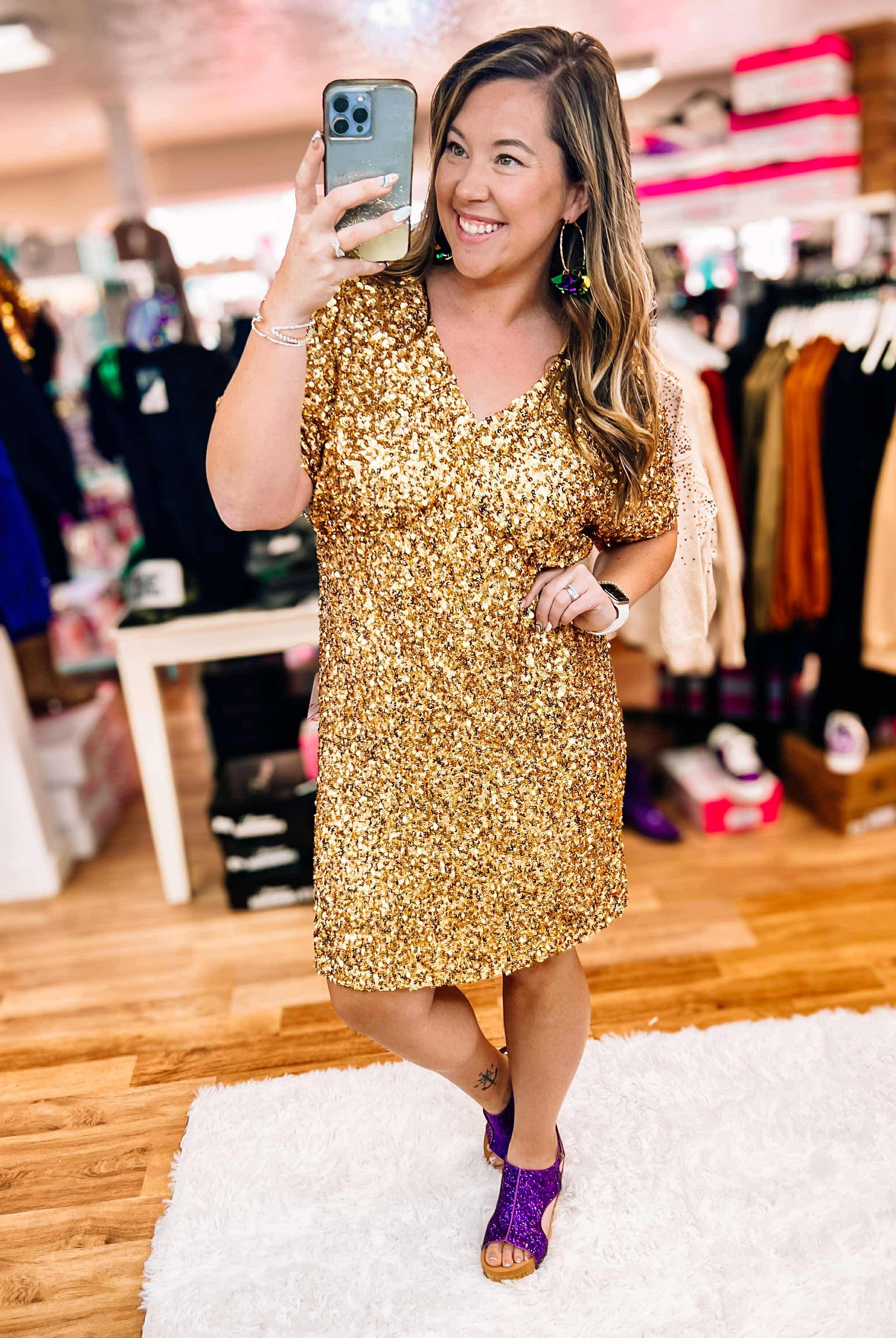 Good As Geauxld Sequin Dress-Mini Dresses-Dear Me Southern Boutique, located in DeRidder, Louisiana