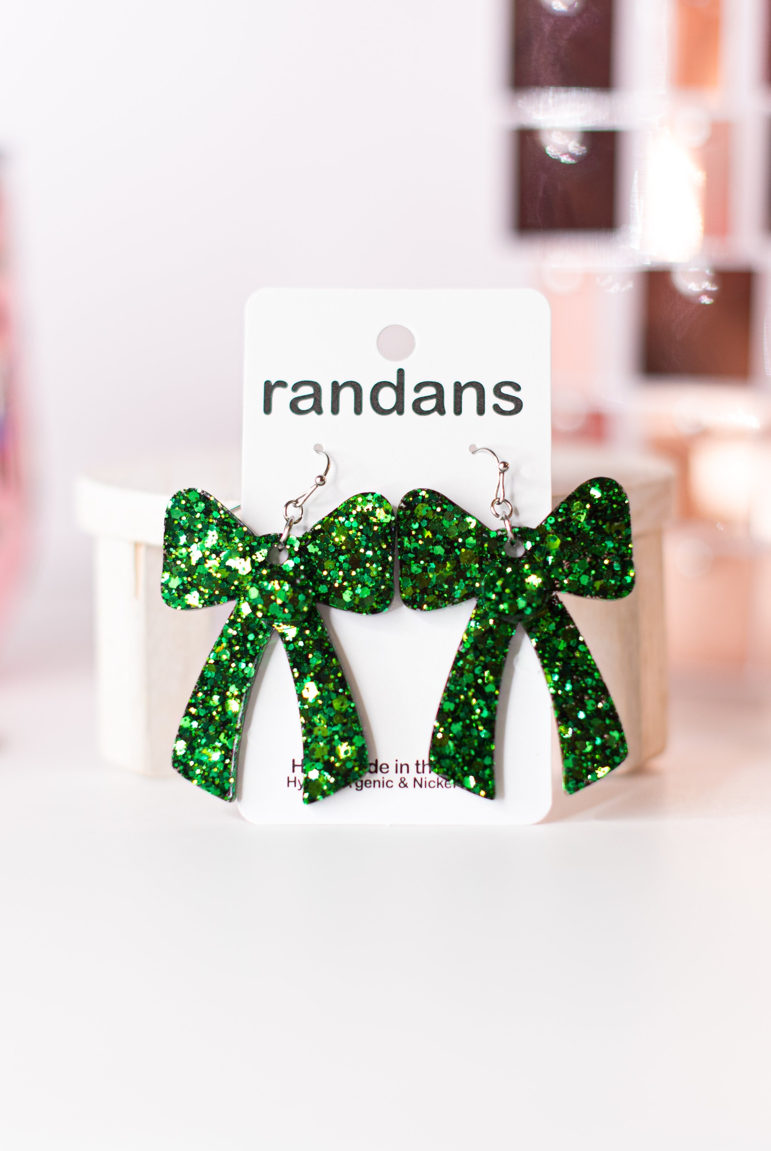 Green Coquette Bow Randans-Earrings-Dear Me Southern Boutique, located in DeRidder, Louisiana